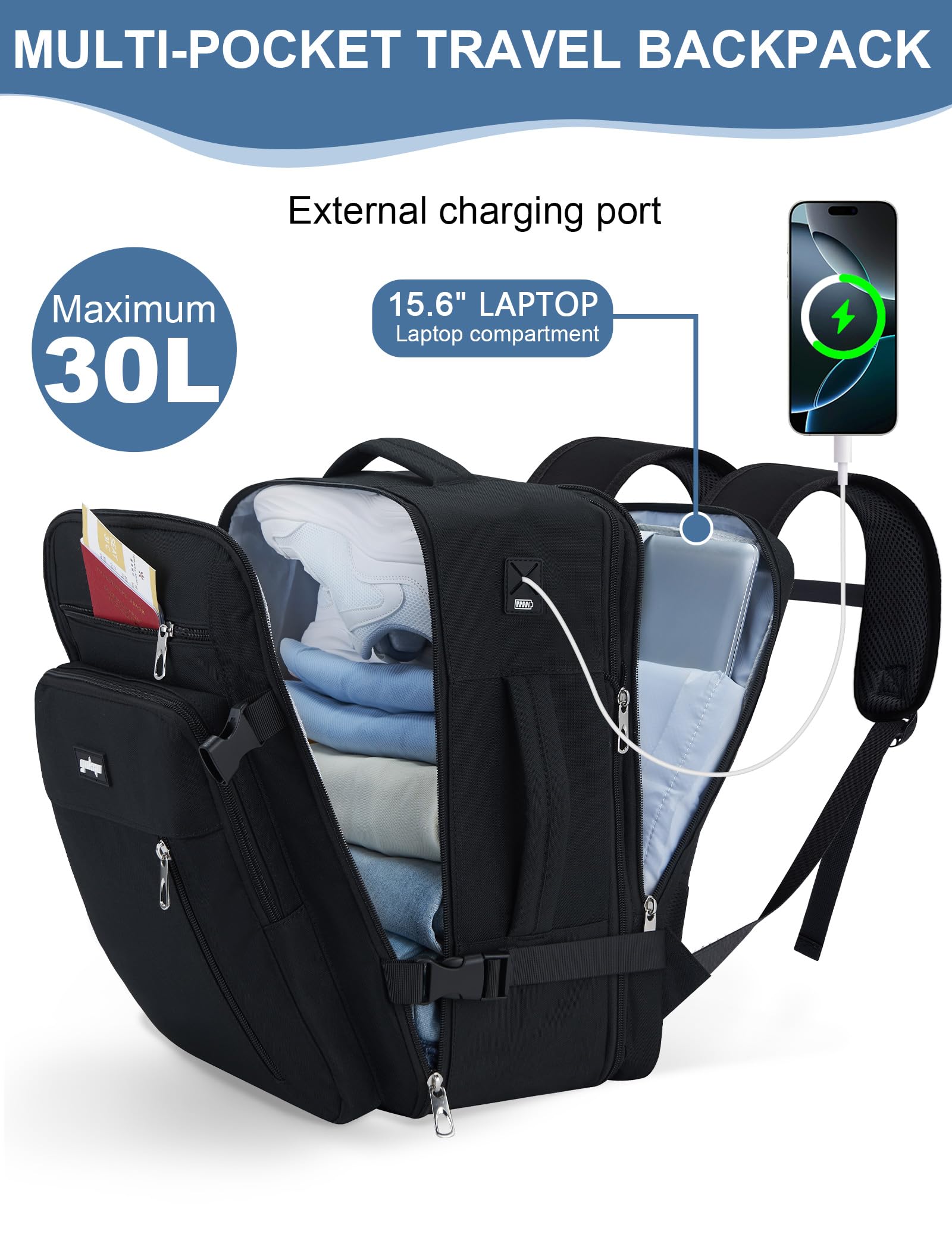 Bagaż Podręczny 40x30x20 Plecak, 24-30L Rozkładany 40x30x25 Plecak Podróżny Męski i Damski do Ryanair, Eurowings, Wizzair, Vueling,Cabin Bag Travel Backpack do Pracy, Biznesu i Podróży, Czarny