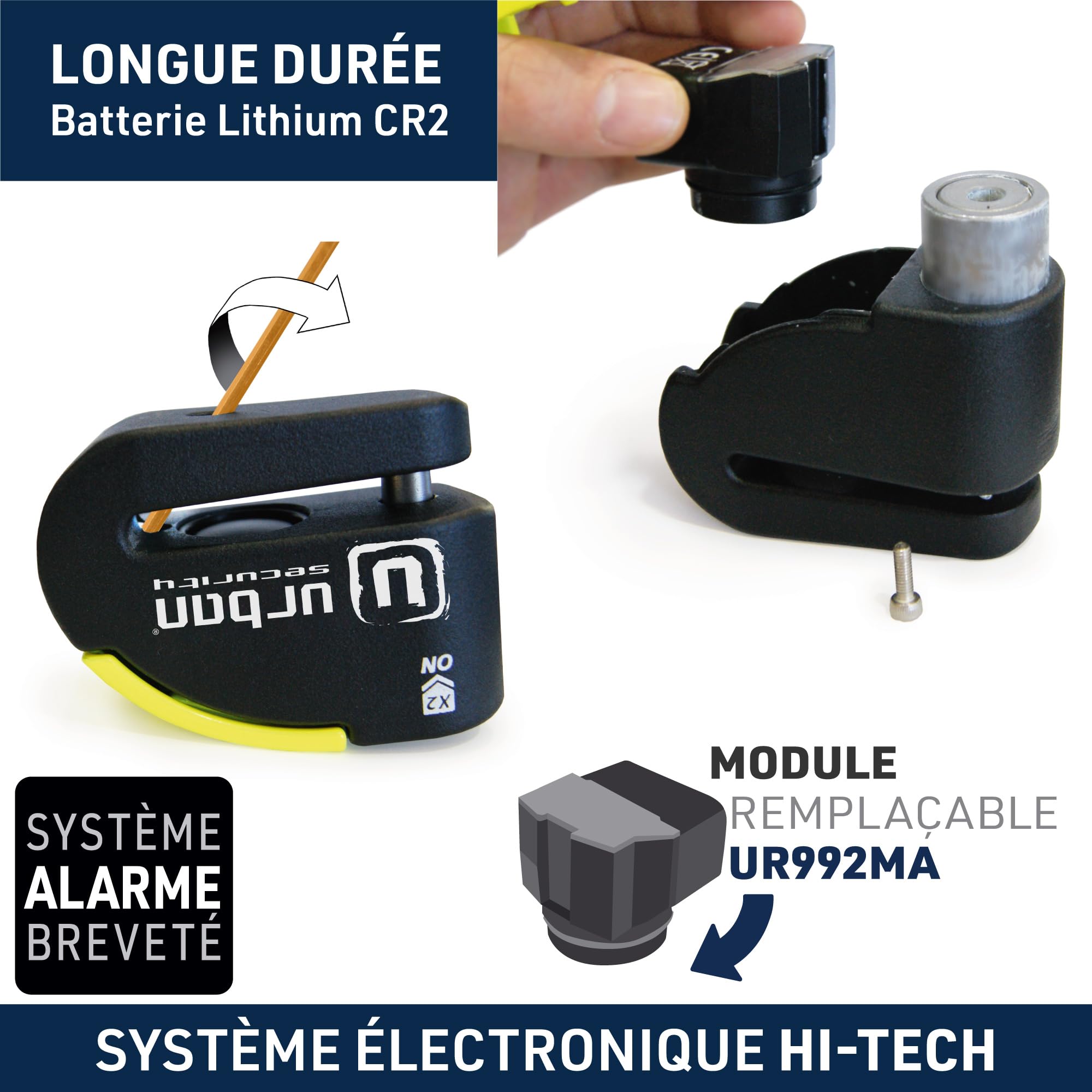 URBAN UR10 Antivol Moto Homologué SRA, Bloque Disque avec Alarme Intelligente | 120dB, LED, Warning, Sensibilité A+, X2 ON | Serrure Haute Sécurité, Bloc Double Verrouillage ø10mm, Acier Endurci