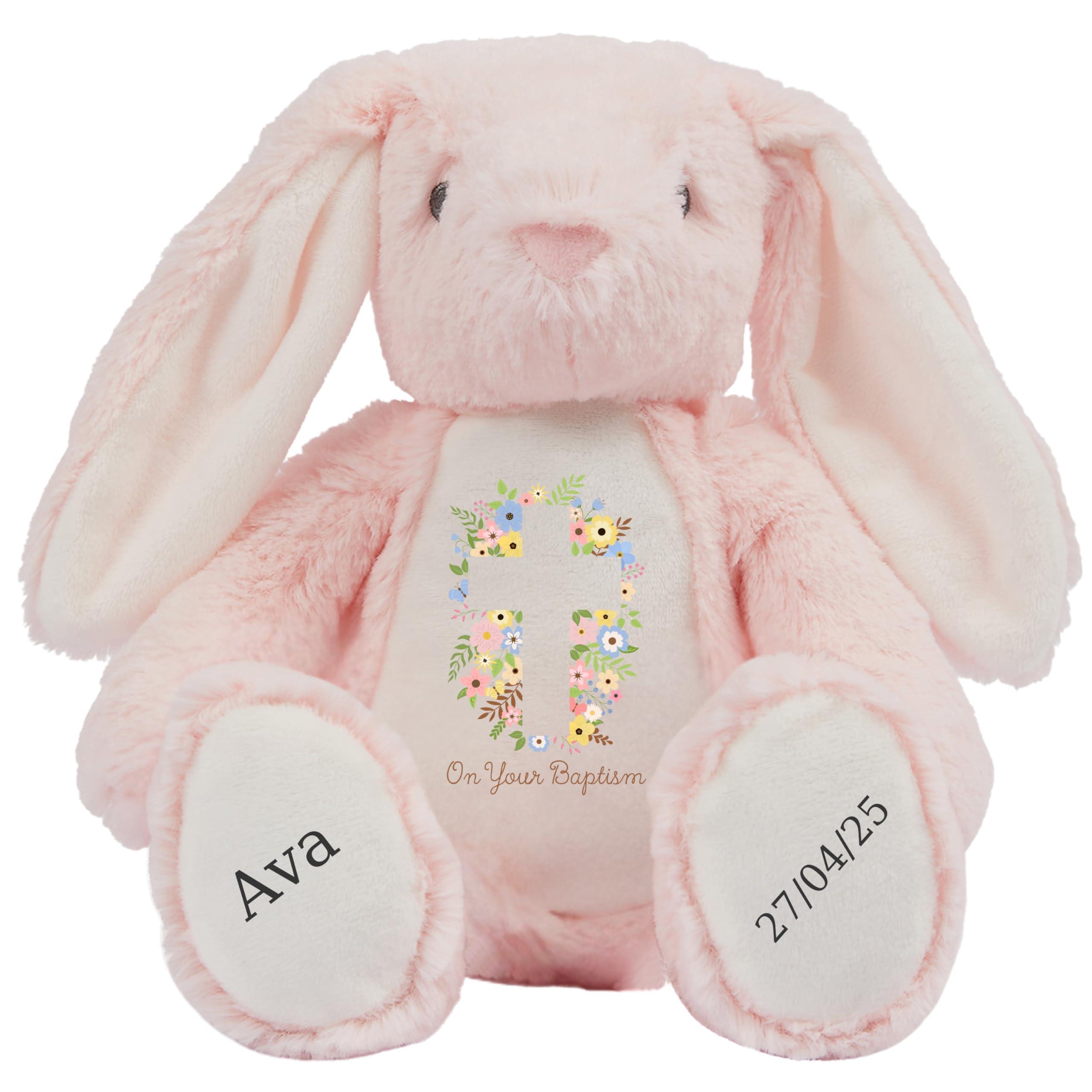 HotScamp Personalised Baptism Bunny with Name - Flowers Cross On your Baptism Day Soft Toy for Baby, Child, Kids, Babies Christening Church Spring Time - Pink Letter Pin Bunny