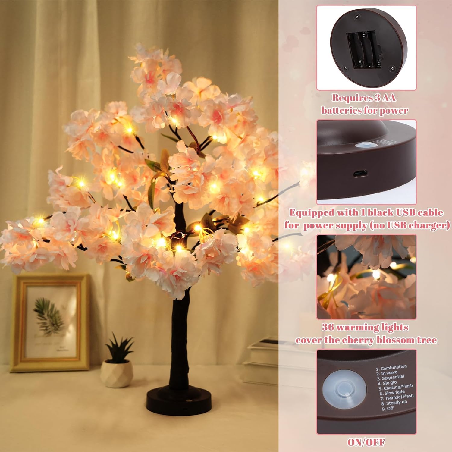 VirtuGro 24IN Cherry Blossom Tree Light, 36 LED Lights Tabletop Tree with Timer Pink Flower Tree Lamp with USB Plug or Battery Operated for Home Wedding Party Indoor Decoration