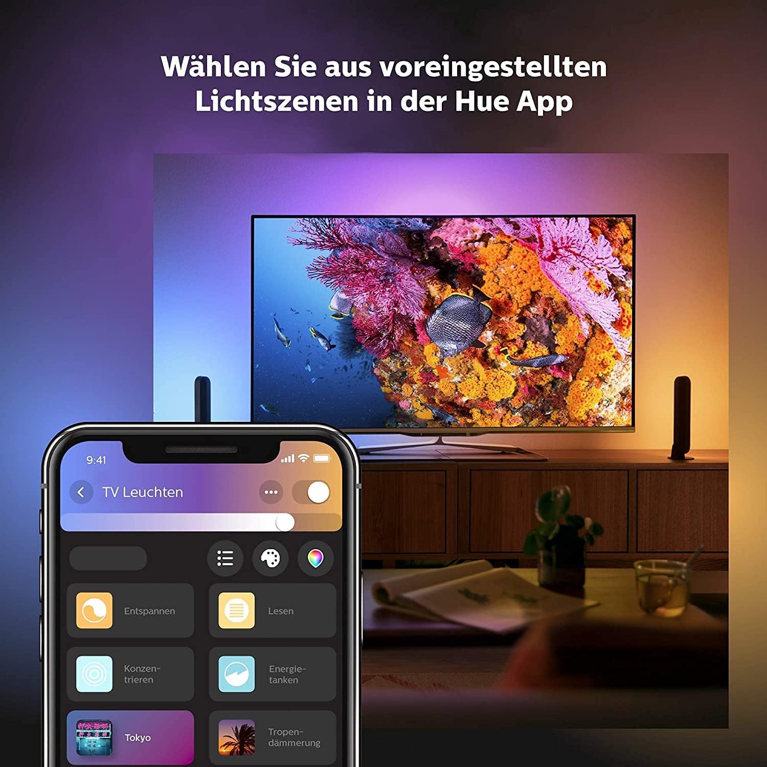 Philips Hue White & Color Ambiance Play Lightbar 2er Pack (500 lm) und Hue Bridge, dimmbare LED-Lightbar für das Hue Lichtsystem mit 16 Mio. Farben, smarte Lichtsteuerung über Sprache oder App,schwarz