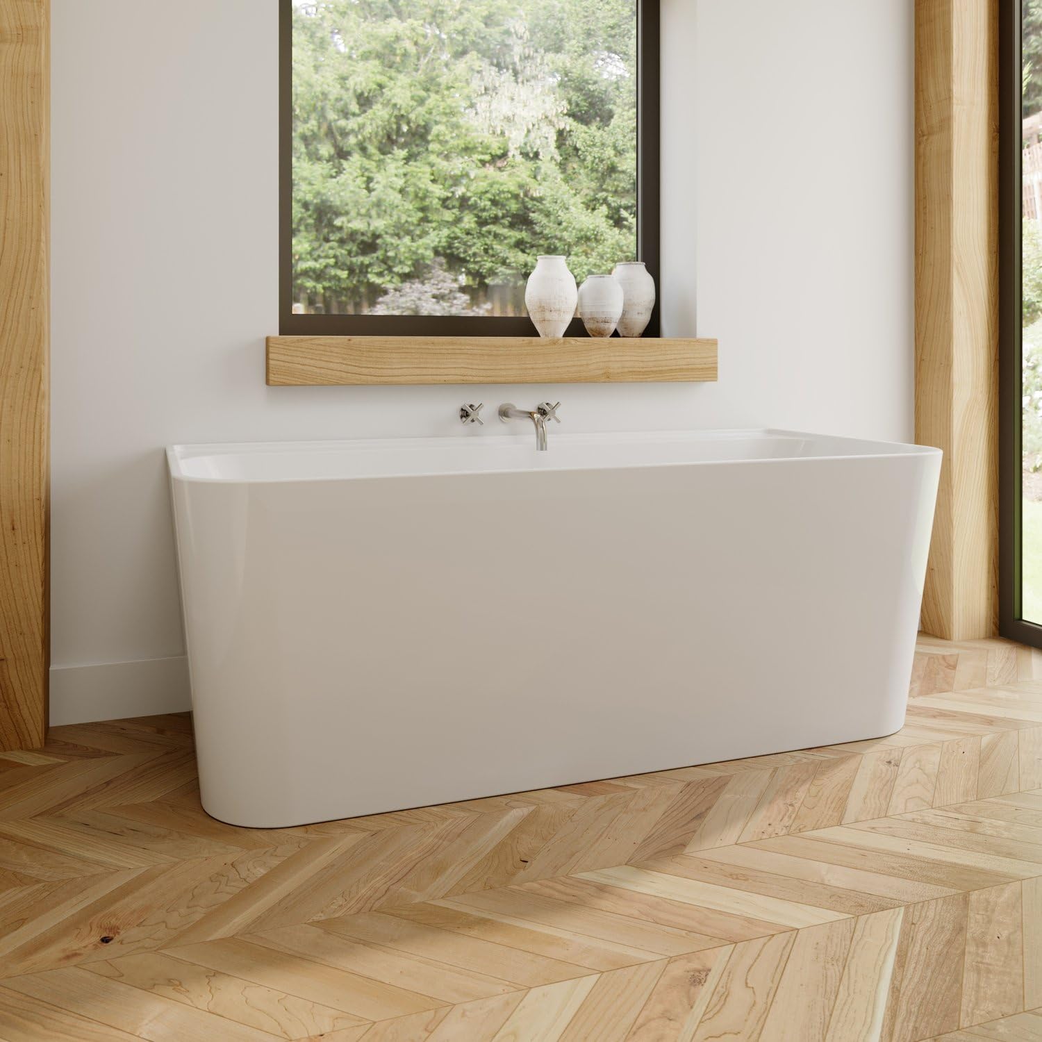 Baystone 1600 x 750mm Freestanding Double Ended Back to Wall BTW Bath White Gloss Soaking Bathttub, Acrylic Luxury Baths Bathroom Modern with Waste