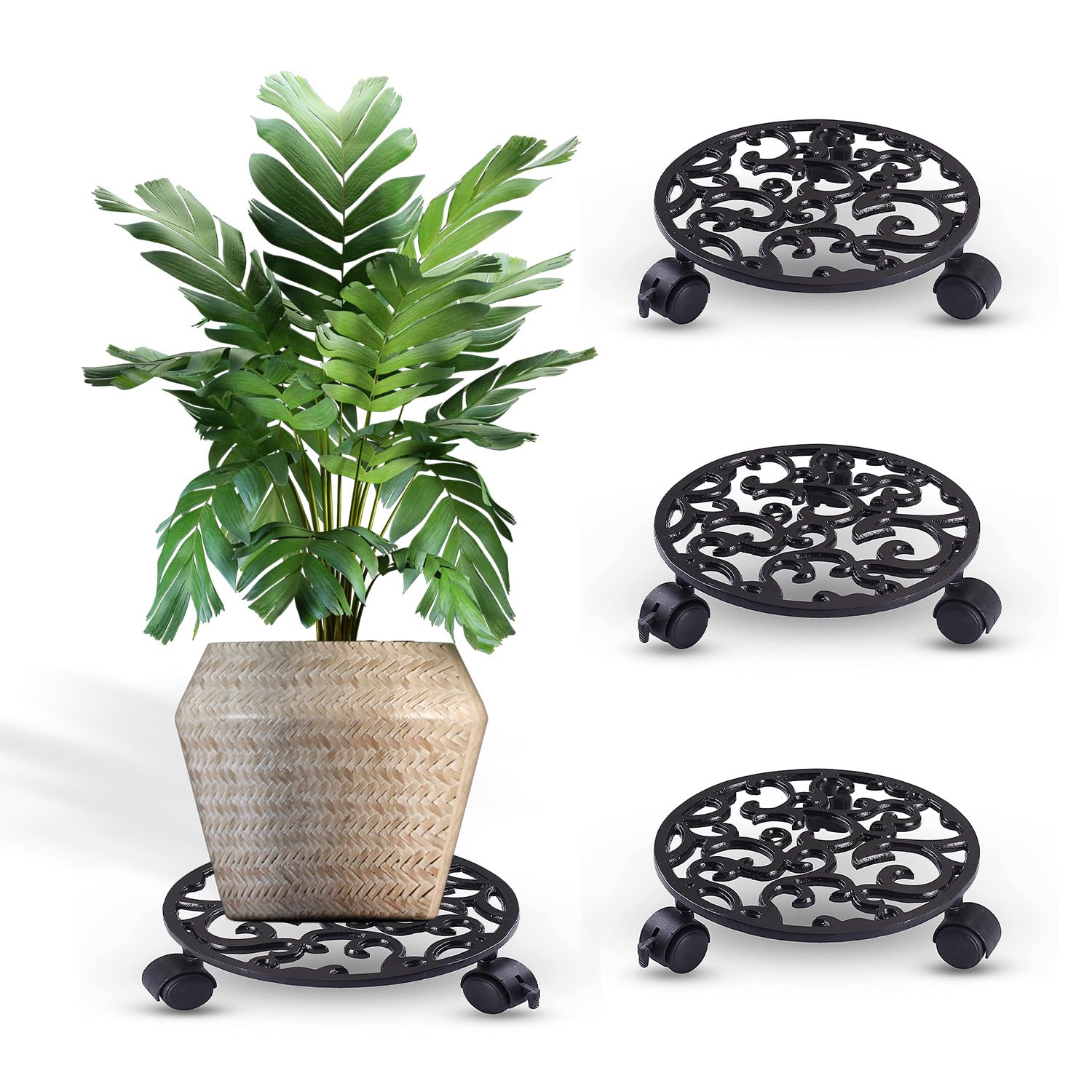 Sharpex Pack of 4 Metal Caddy Iron Dolly on Round Rack Rustproof Sturdy Potted Indoor Outdoor Plant Stand/Trolley With Locking Wheels for Balcony, Living Room, Home and Garden (Black) (B09PZZ1TXG) Amazon Price History, Amazon Price Tracker