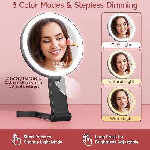 Miniatura 3 de Alovely Espejo de maquillaje con luces, espejo de tocador de 2 lados con aumento 1X10X recargable 3 en 1 escritorio de mano y espejo iluminado