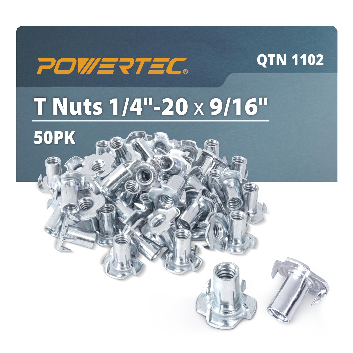 POWERTEC 1/4"-20 x 9/16" T Nuts QTN1102 4 50 Pack | Pronged Tee Inch-20 & 9/16-Inch – Threaded Inserts for Climbing Holds and Wood Working, 9/16"