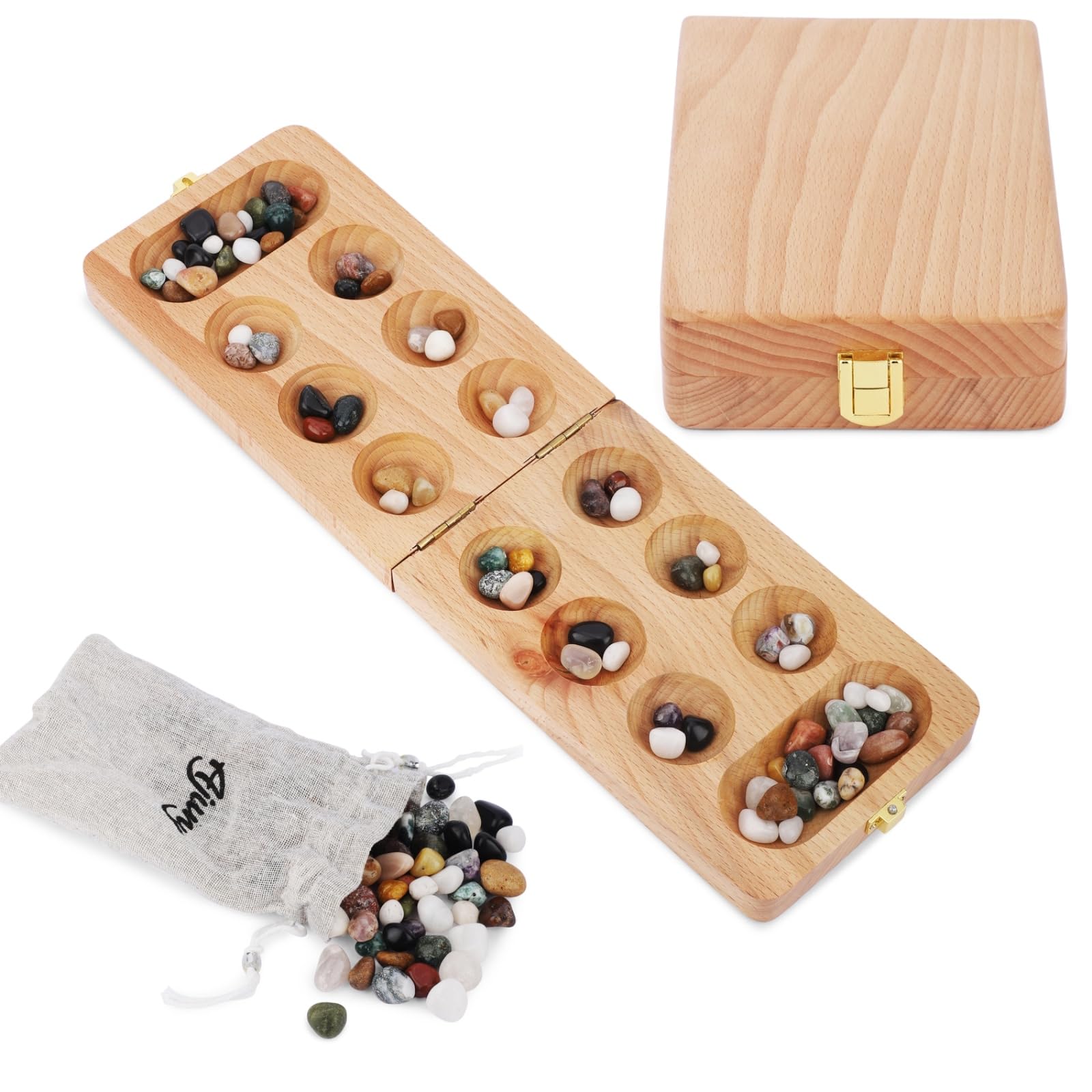 Ajuny Wooden Mancala Board Game Set – Classic Board Games, Portable Folding Travel Mancala Board with Marbles (48+32 Stones), Ideal Family Wooden