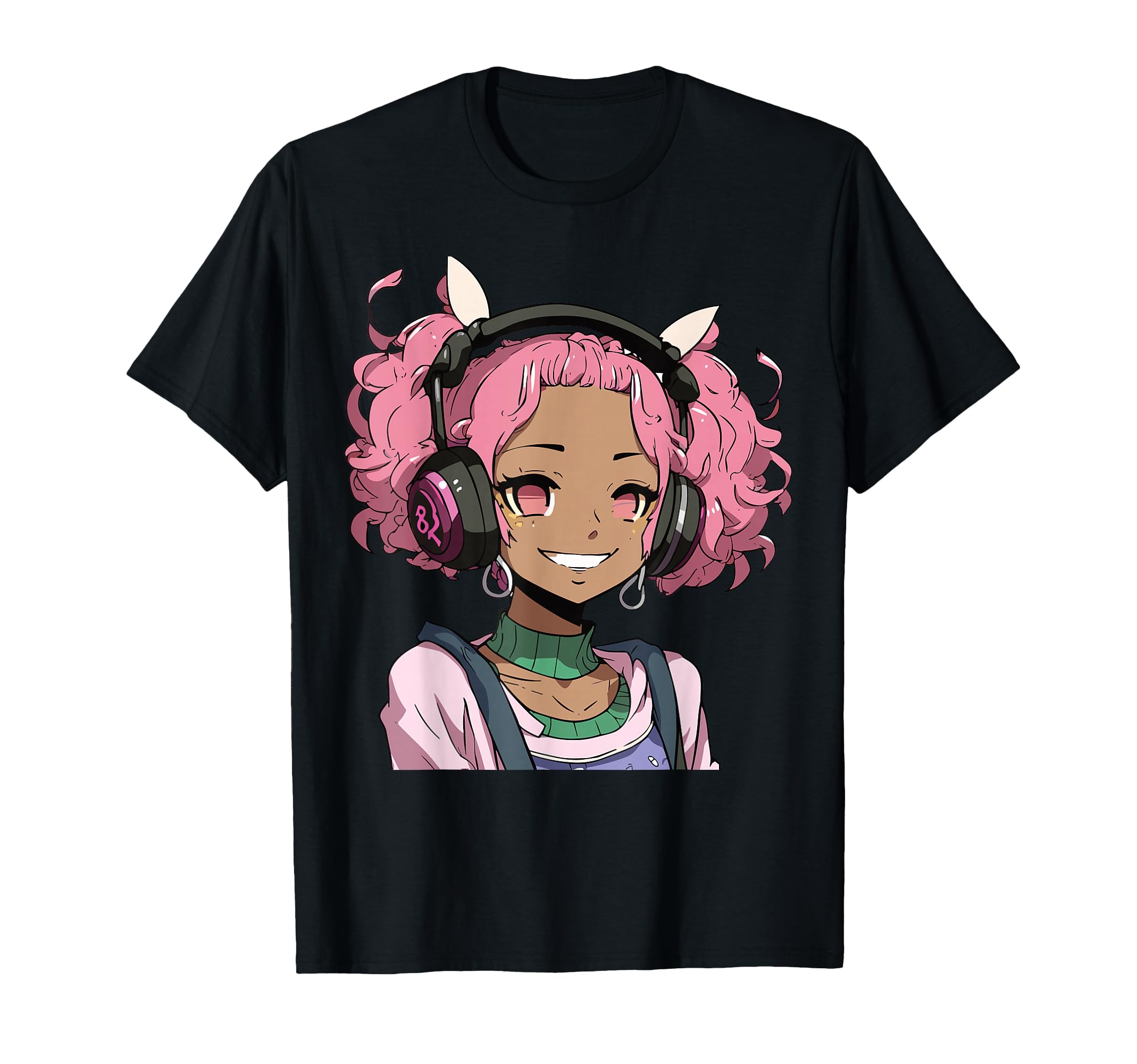 - Anime and Music Black Girl Anime Merch Afro African American T-Shirt