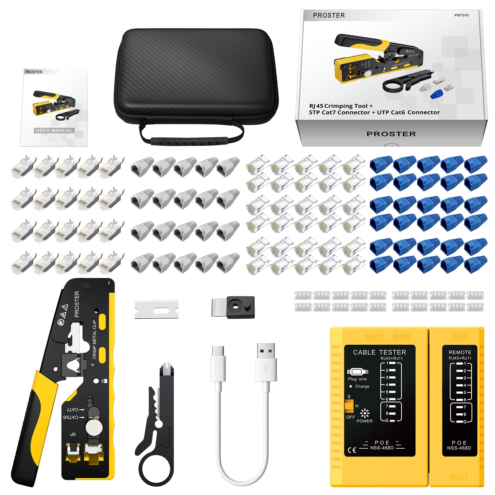 Proster Juego de Crimpadora CAT7 Profesional con Conectores Blindados y Probador Recargable