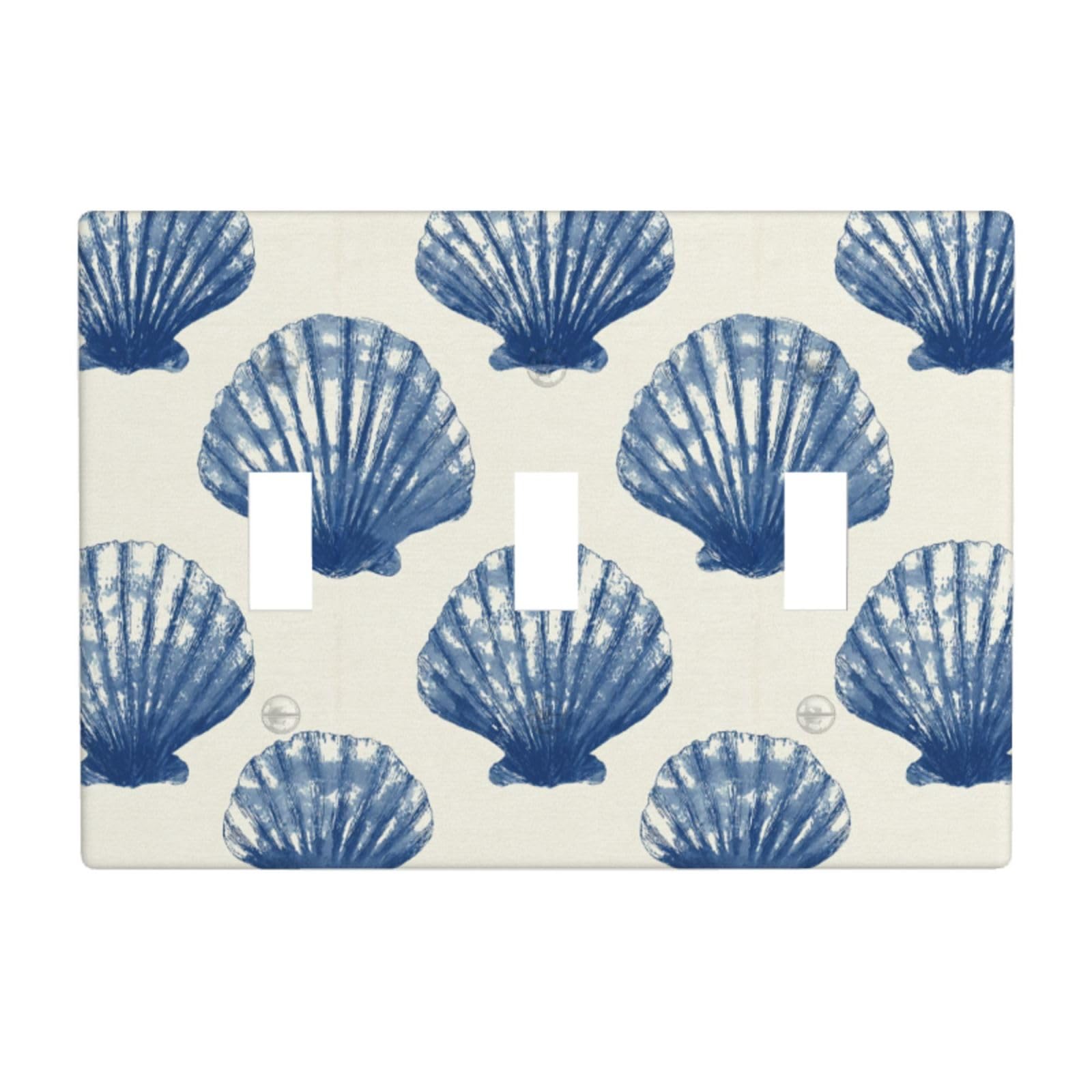 Seashells in Navy Blue Pattern Light Switch Covers 3 Gang Triple Toggle Wall Plate Switchplate Electrical Faceplate for Bathroom Kitchen Bedroom Decor