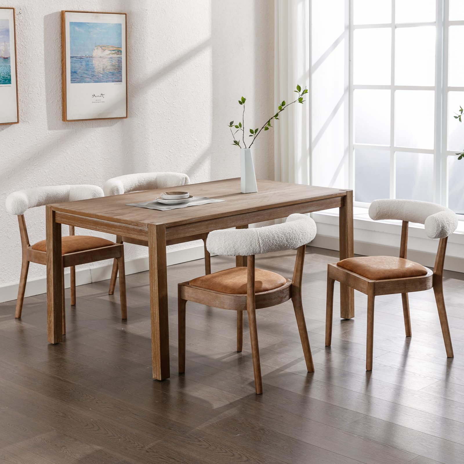 chairus Mid Century Dining Chairs Set of 4 Comfy PU Wooden Side Chairs with White Sherpa Upholstered Curved Open Back Farmhouse Kitchen Chair Sets for