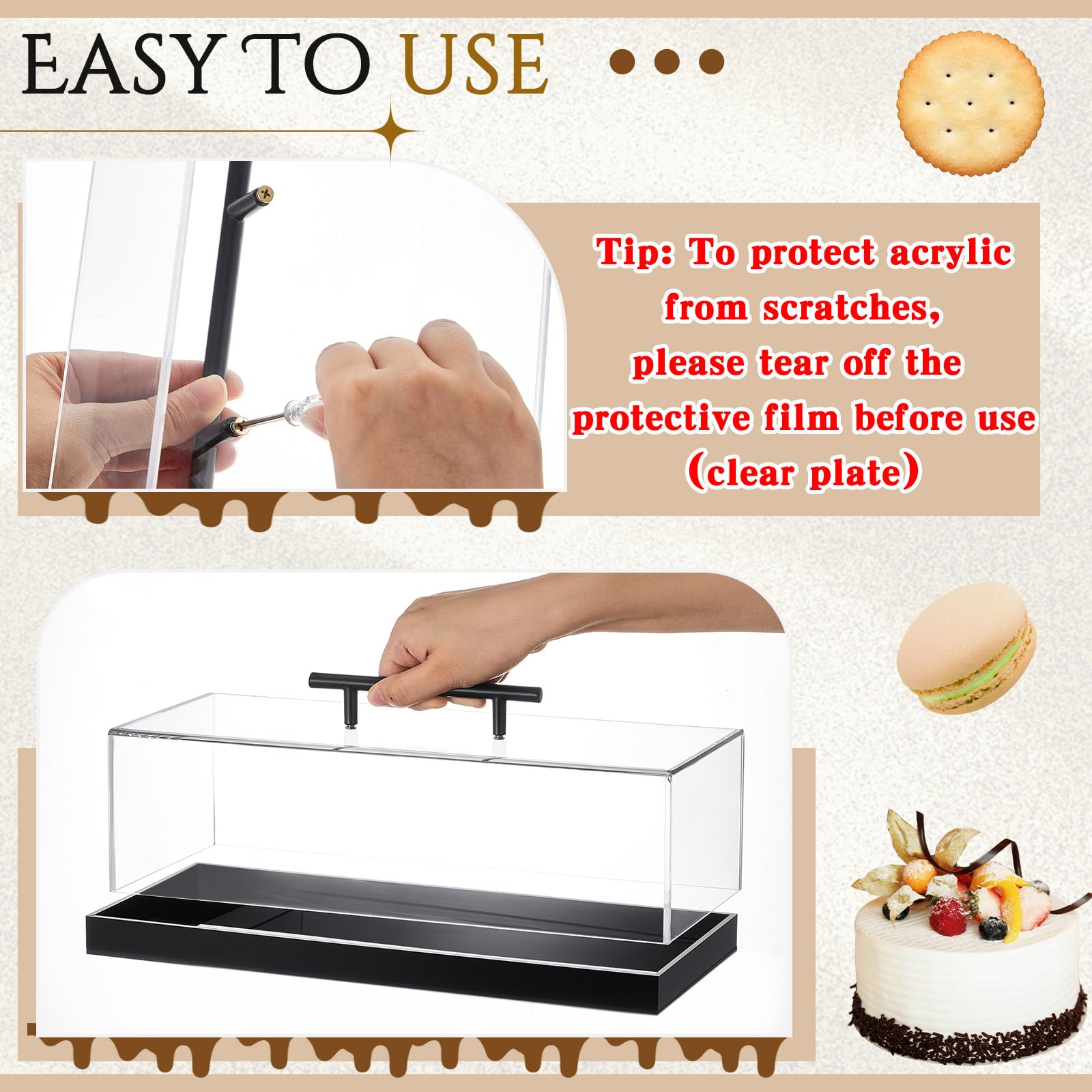 FoldTier 2 vitrinas acrílicas para pastelería con pinzas de servir de 9 pulgadas de 14 x 6 x 4 pulgadas, bandeja rectangular de acrílico transparente para servir postres con tapa para banquetes de