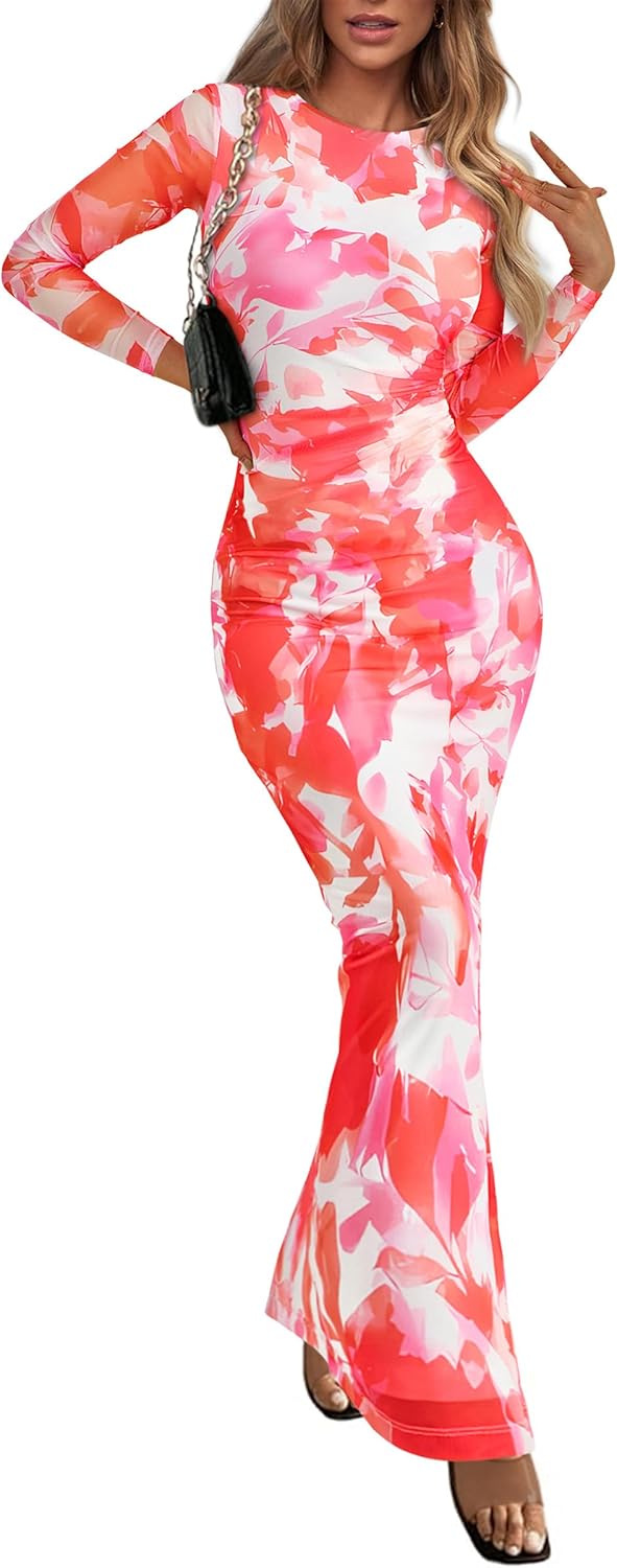 PRETTYGARDEN Women's Bodycon Maxi Dress Fall Spring Fashion Long Sleeve Floral Print Tight Fitted Party Club Ruched Dresses