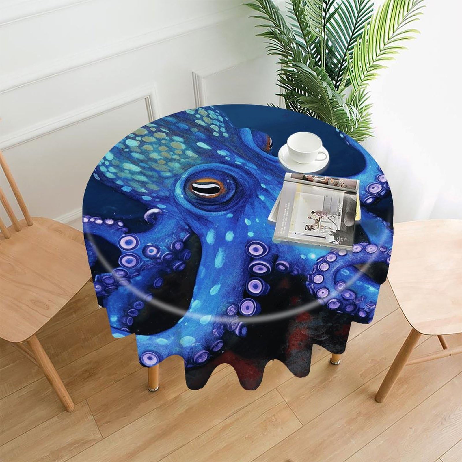 VstaDank Blue Octopus Tablecloth Easy to Clean Polyester Round Table Cover Washable Round Table Cloth Wrinkle-Free Circle Decoration Tablecloth for Kitchen Dining Room 60"