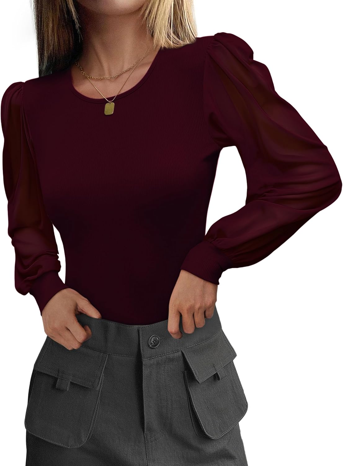 Women's Mesh Long Sleeve Shirts 2025 Fall Ribbed Knit Fitted Tops Business Dressy Casual Work Blouses - Image 2