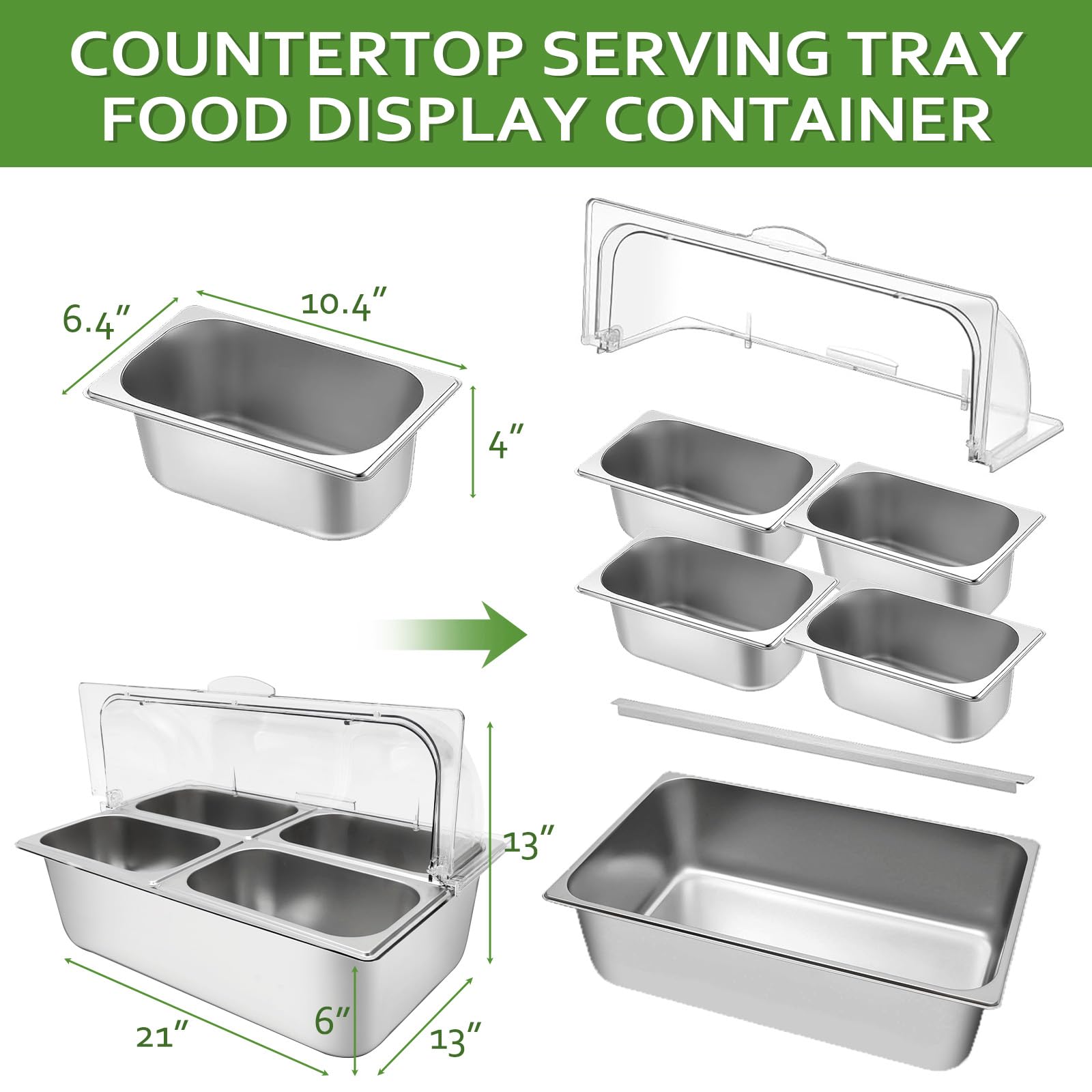 Contenedor de exhibición de alimentos para encimera, 4 sartenes con 3 paquetes de hielo, bandeja para servir alimentos fríos, dispensador de condimentos, ensalada, aderezo, aperitivos,