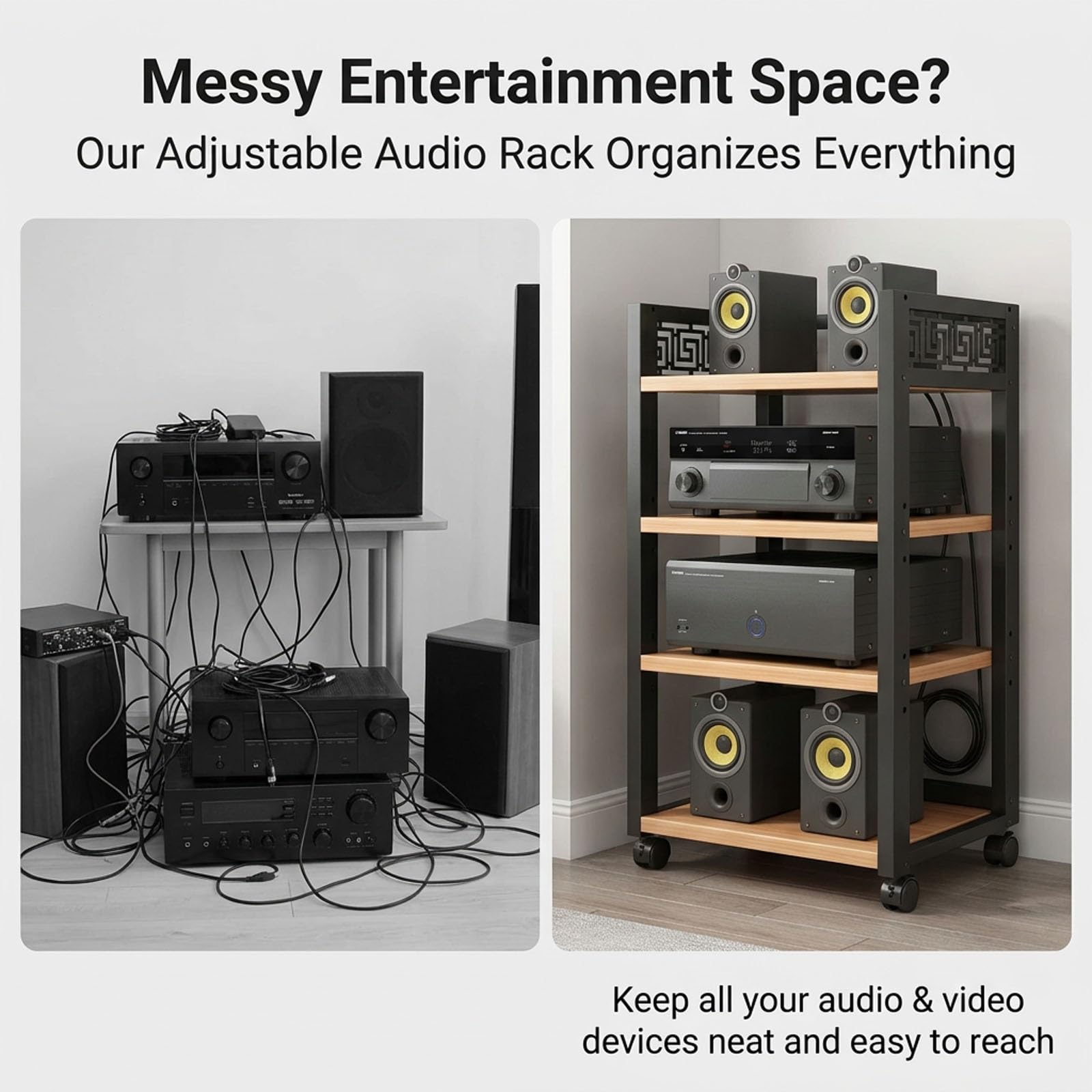Audio Rack, 3 4 5 Tier Heavy Duty Stereo Rack with Adjustable Shelves, Open Audio Cabinet Metal Frame Wooden Shelf Living Room Home Theater