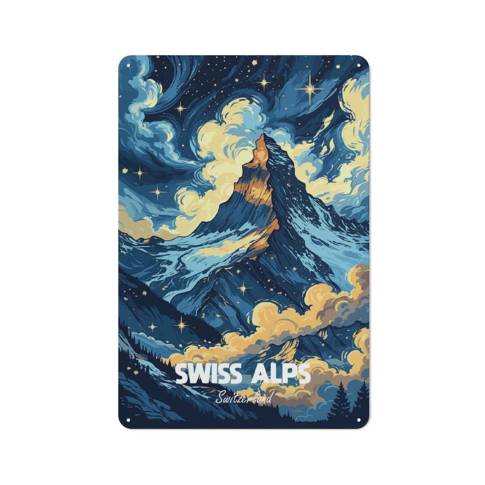 Junmoney Style-2 Metal Plaque 30X20cm With Swiss Alps Switzerland Mountain Landscape Art For Pub Or Café, Vintage Decor, For Metal Sign Collectors, For Vintage Wall Decor Fans
