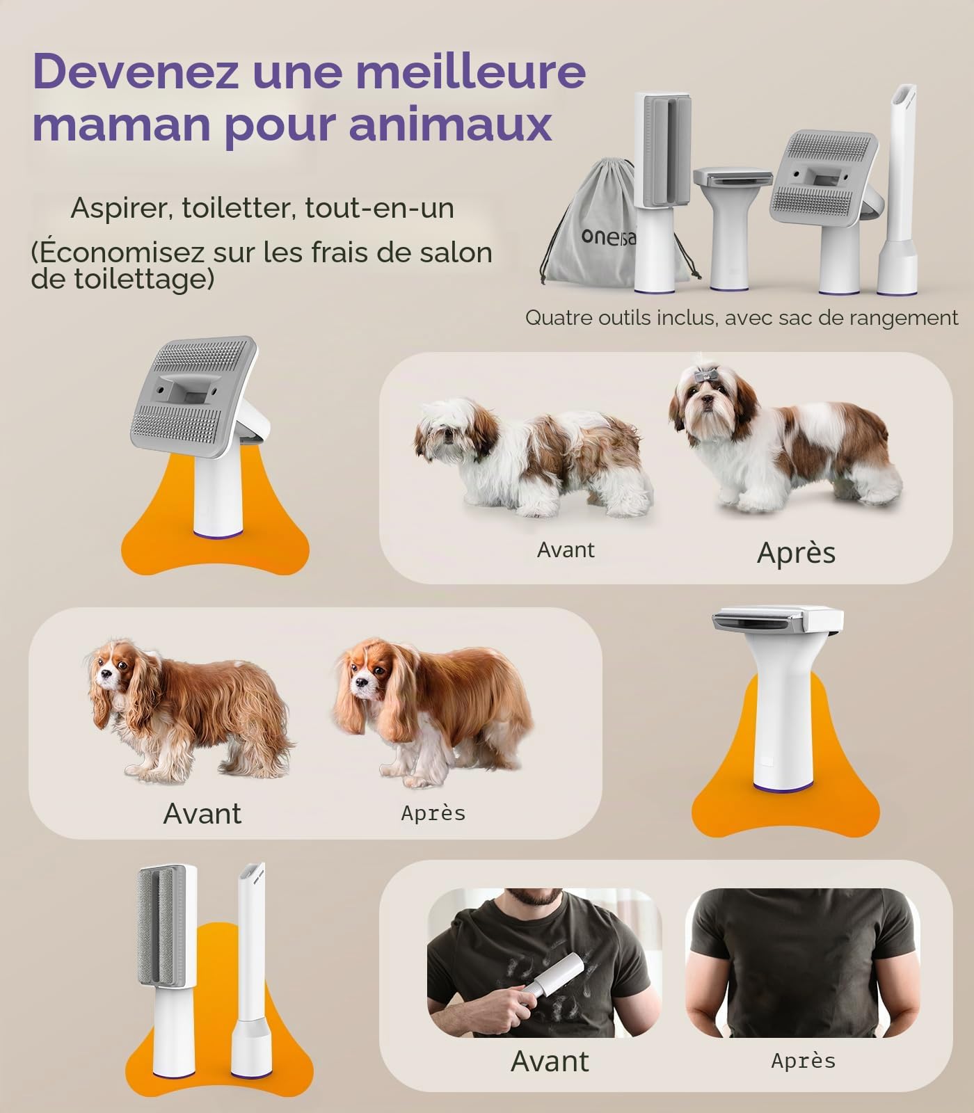 oneisall Aspirateur pour chiens avec brosse,Puissance d'aspiration élevée Brosse pour chiens aspirateur avec 12000 Pa,Aspire 99.99% des poils d'animaux (1,5L) avec 4 accessoires d'entretien(Pourpre)