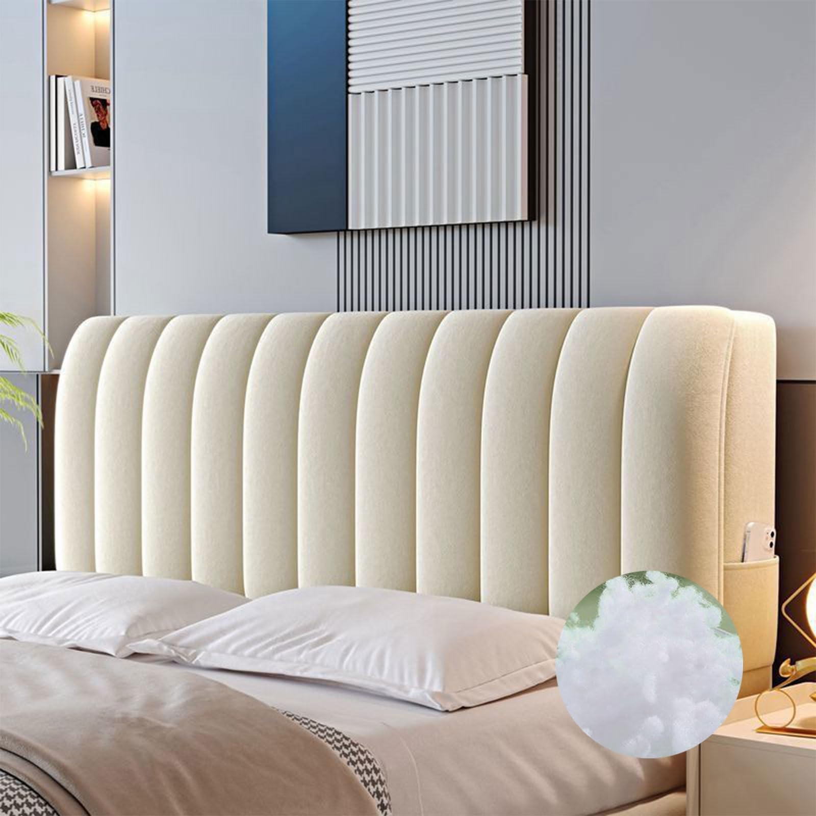 Funda Acolchada para Cabecera En Terciopelo, con Relleno De Algodón Acolchado Cubre Protectora para para Camas Individuales Dobles King Queen Decoración De Dormitorio(Beige,150cm)