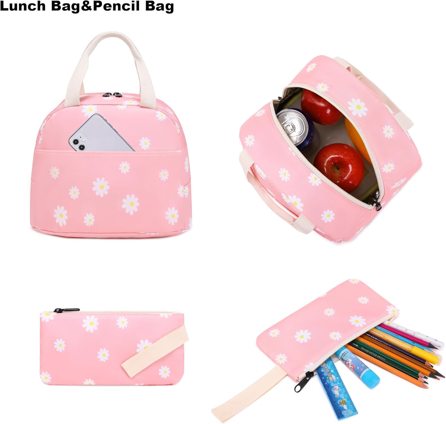 Flowers School Backpack for Teen Girls, 3-in-1 Kids Backpack Bookbag Set School Bags with Lunch Box Pencil Case (Pink) - Image 4