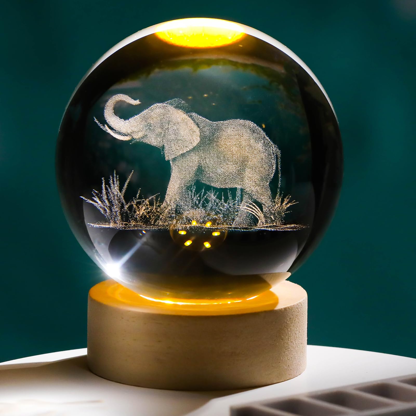 Arikyrist 3D 80mm Elephant Figurine Crystal Ball with Wooden LED Base, Elephant Gifts for Women Men on Christmas Birthday, Laser Engraved Elephant Full Sphere Glass Decorative Ball for Home Office