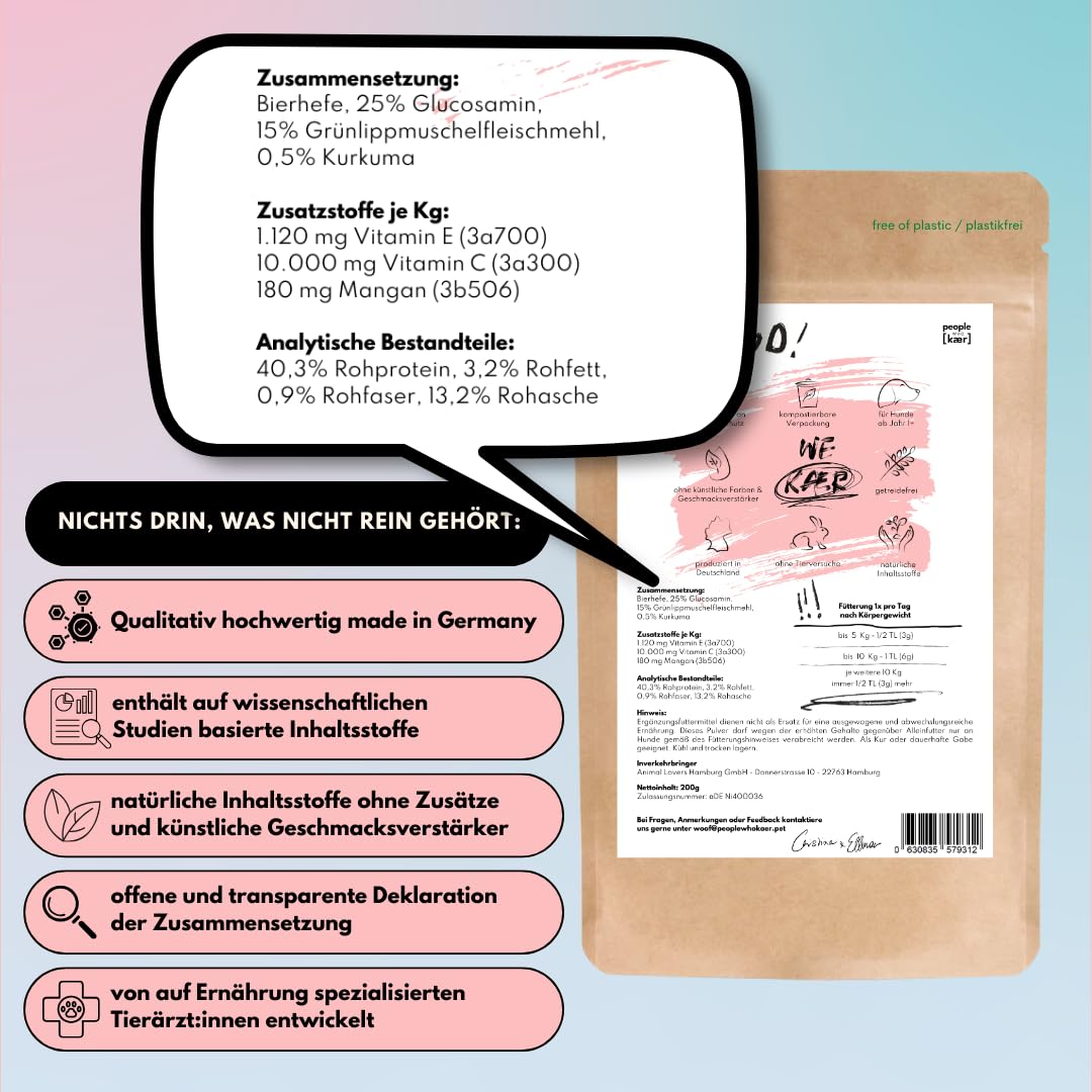 People who Kaer Polvere articolare per cani, 200 g, polvere naturale di conchiglia verde per piacere di movimento con curcuma, vitamine e glucosamina, mangime complementare per cani supporta funzioni