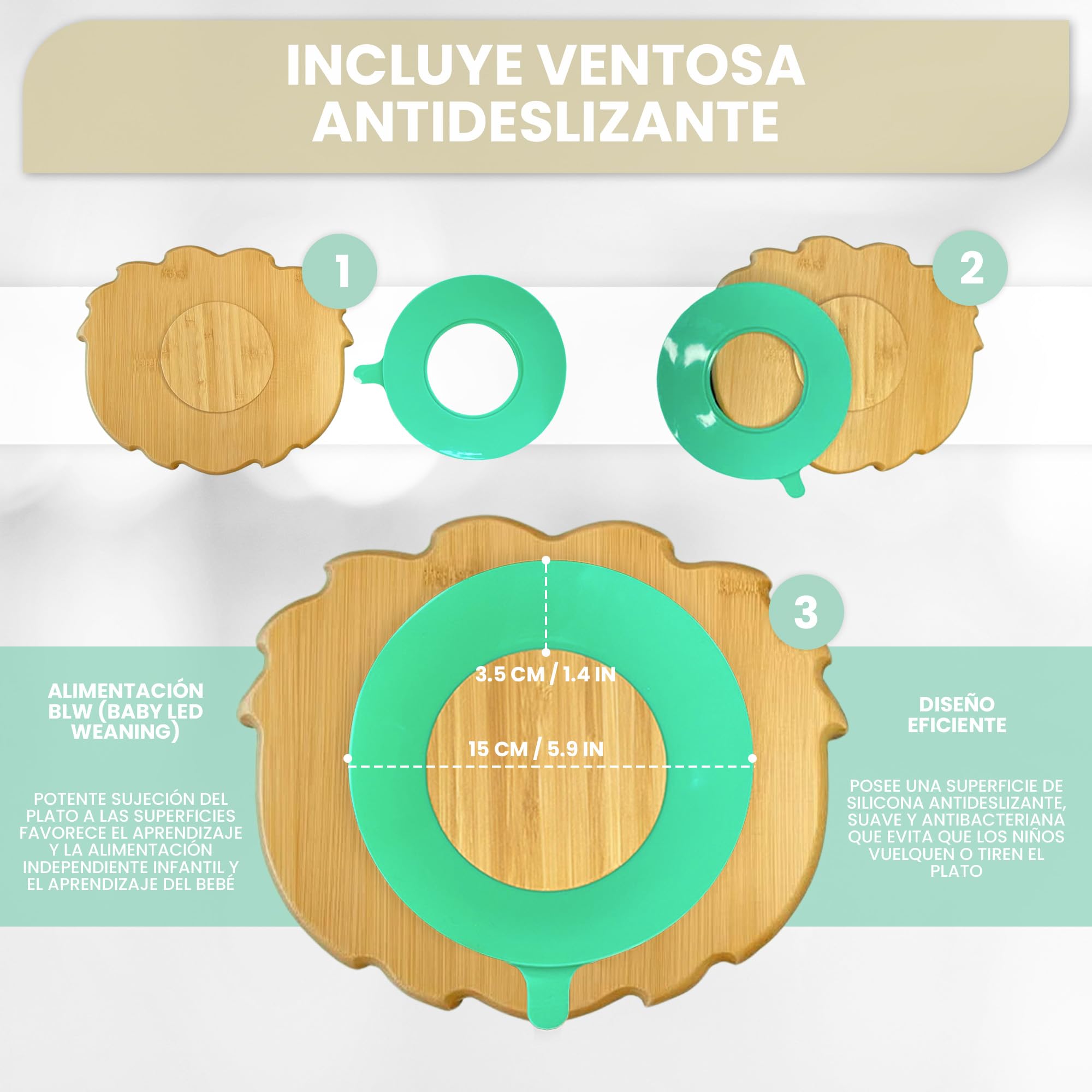 Plato de Bamboo con fuerte ventosa para bebés y niños pequeños. Plato BLW de bambú antideslizante con succión. Vajilla infantil antivuelco para aprender a comer BLW. (Lion)