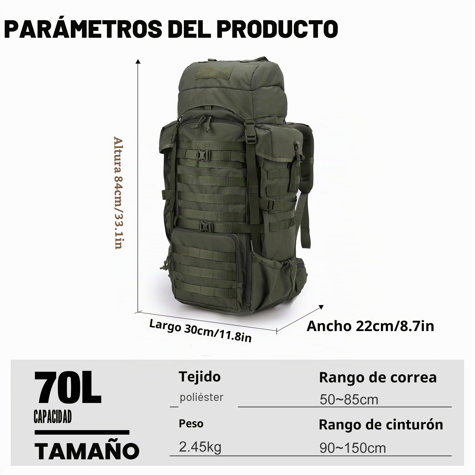 Mardingtop Mochila de 70 l, mochila de senderismo, mochila táctica grande para hombre, con funda para lluvia, mochila para camping, senderismo, montañismo, viajes al aire libre, 70L Verde Caballería