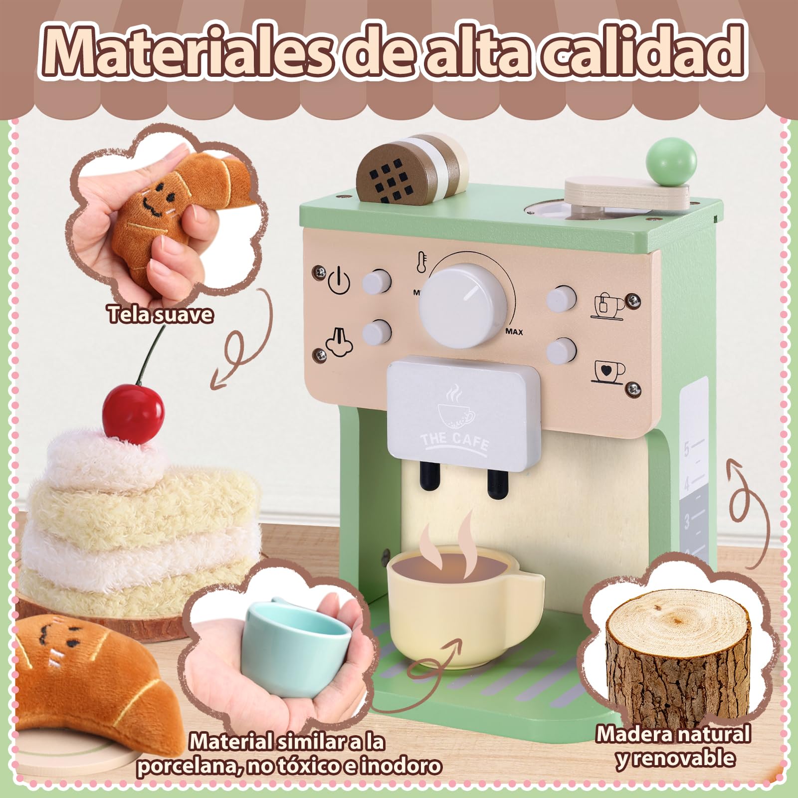 VBACALA Set de Juguetes de Cocina para Niños, Máquina de Café de Madera con Sonido y Botones, Accesorios de Cocina para Niños, Pastel y Croissant de Tela, Regalo Adecuado para 3+ años