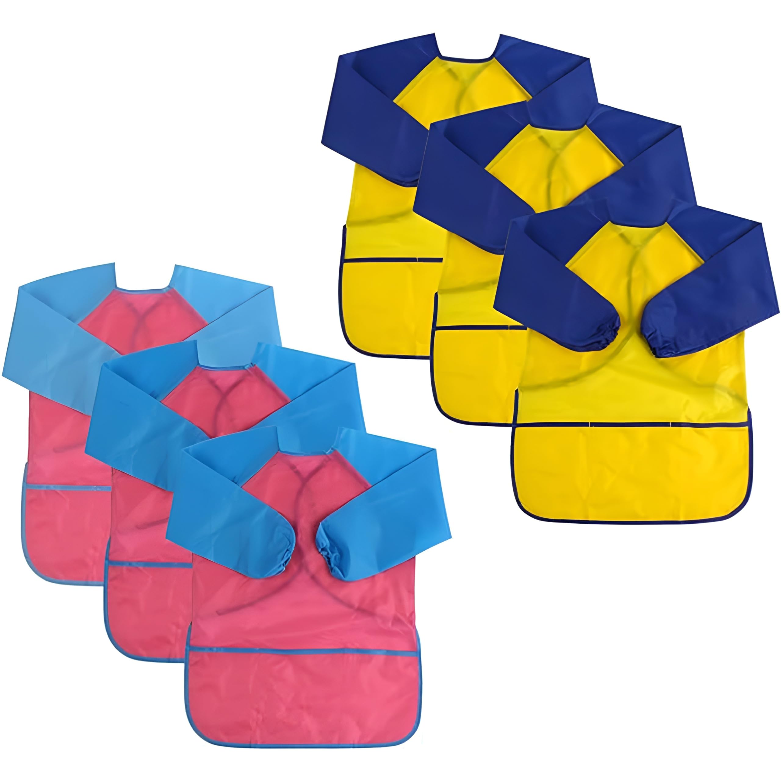 DIYASY 6 Pack Kids Painting Apron, Waterproof Children Toddler Art Smock with Long Sleeves and 3 Roomy Pockets, Age 2-5 Years Boys and Girls Play Apron for Painting, Cooking, Baking (Yellow+Pink)