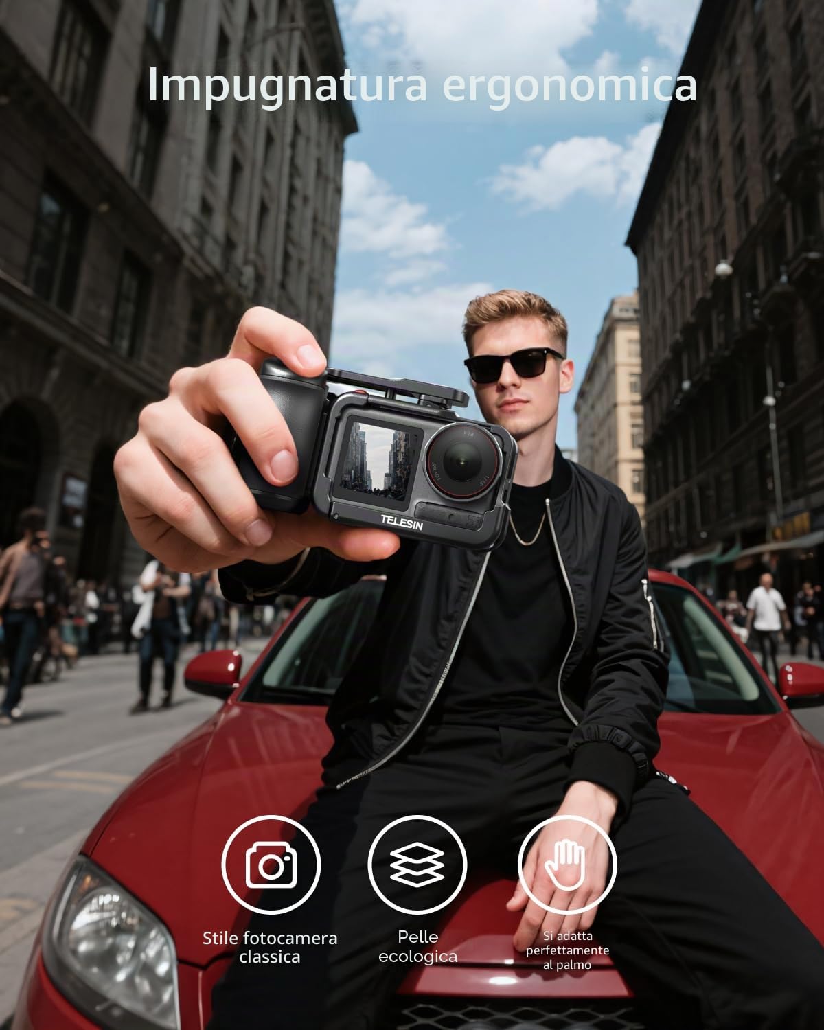 TELESIN Street Grip Kit in Lega di Alluminio per DJI Osmo Action 5 Pro/Action 4/Action 3 | Impugnatura Ergonomica con Gabbia Ultra-Leggera | Pulsante Otturatore a Bilanciere Brevettato