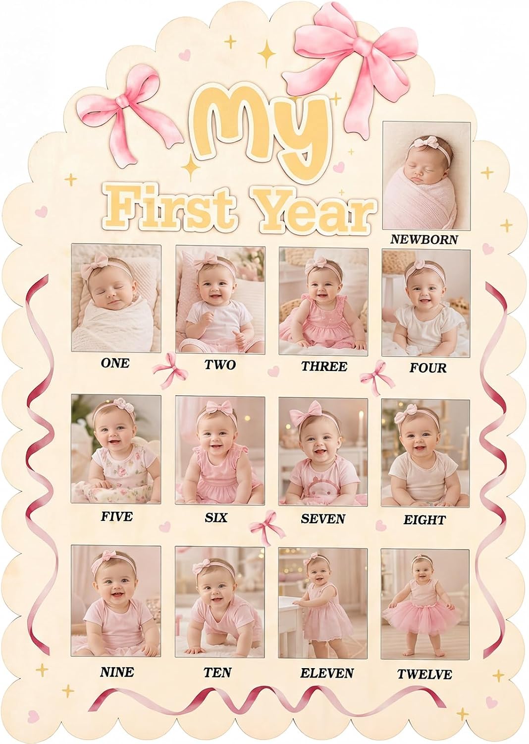 Novabright Large Bow My First Year Photo Board - Scalloped 33 x 22 Inch One Year Birthday Wooden Photo Board 12 Month Picture Milestones Boards for Newborn Keepsake Nursery Decor (Fit 4.8 x 3.8in Pic)
