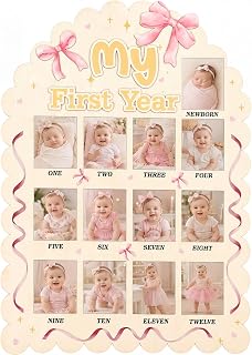 Pink Bow First Year Photo Board - Scalloped Coquette Bow Birthday Party Decor One Year Birthday Wooden Photo Board 12 Month Picture Milestones Boards for Newborn Keepsake Gifts (fit 2.5 x 1.9 in Pic)