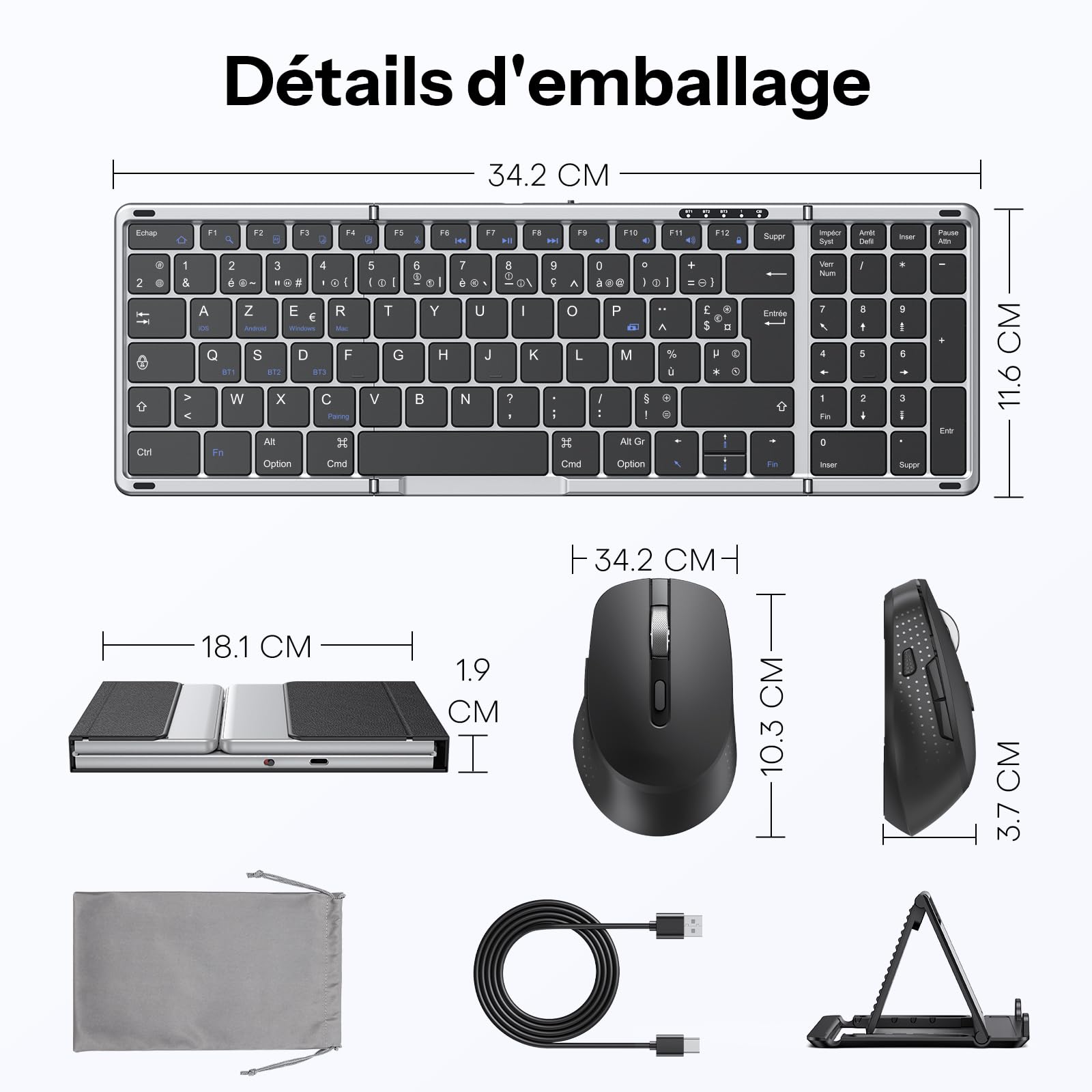 OMOTON Tastiera e mouse wireless pieghevole con tastierino numerico, tastiera bluetooth AZERTY ricaricabile, full-size portatile Keyboard per Android Windows iOS Mac iPad Tablet PC - grigio siderale