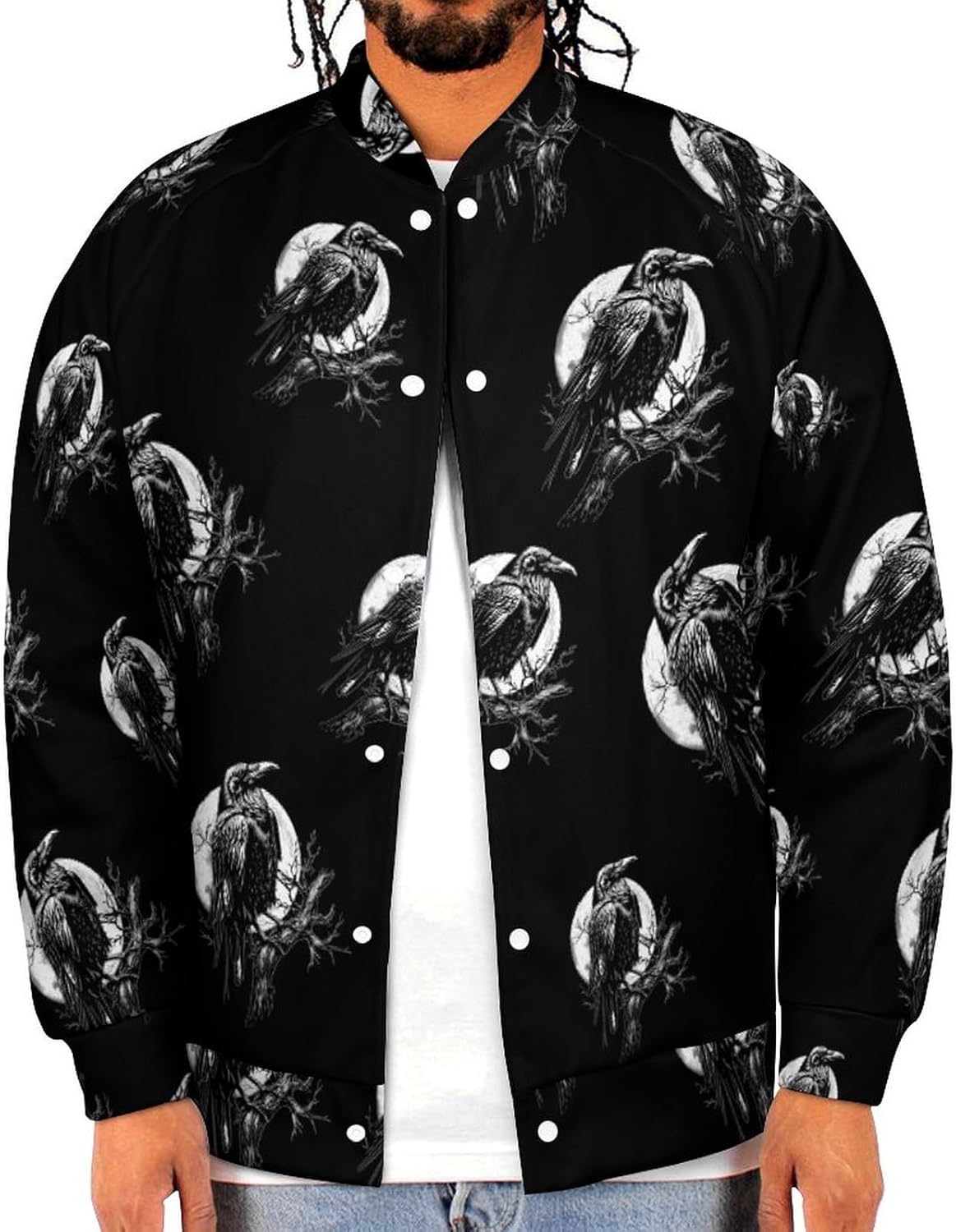 Raven in Moonnight Novelty Men's Baseball Jackets Causal Sweatshirt Button Top Long Sleeve Coat