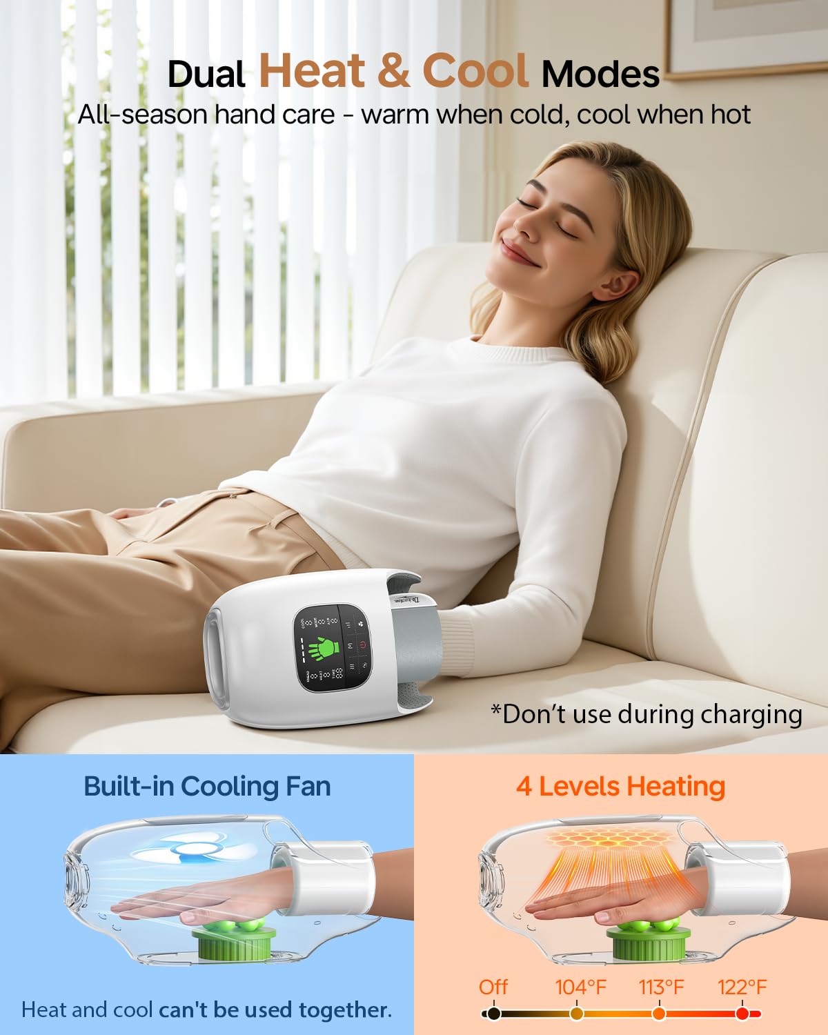 Handmassagegerät mit Wärme und Kompression, heiß & kalt, Finger Handgelenk Handfläche Vollhandmassage für Arthritis und Karpaltunnelentlastung, 9 Modi & 9 Intensitäten, 4 Heizung, Geschenke