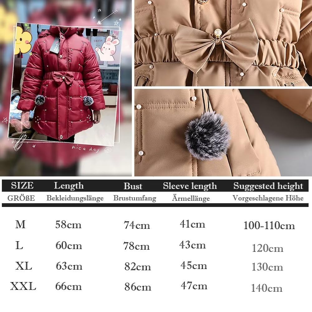 linboo Cappotto invernale da ragazza, giacca invernale per bambini, in pile caldo, in cotone ispessito, foderato, classico parka con borchie, cinture, archi