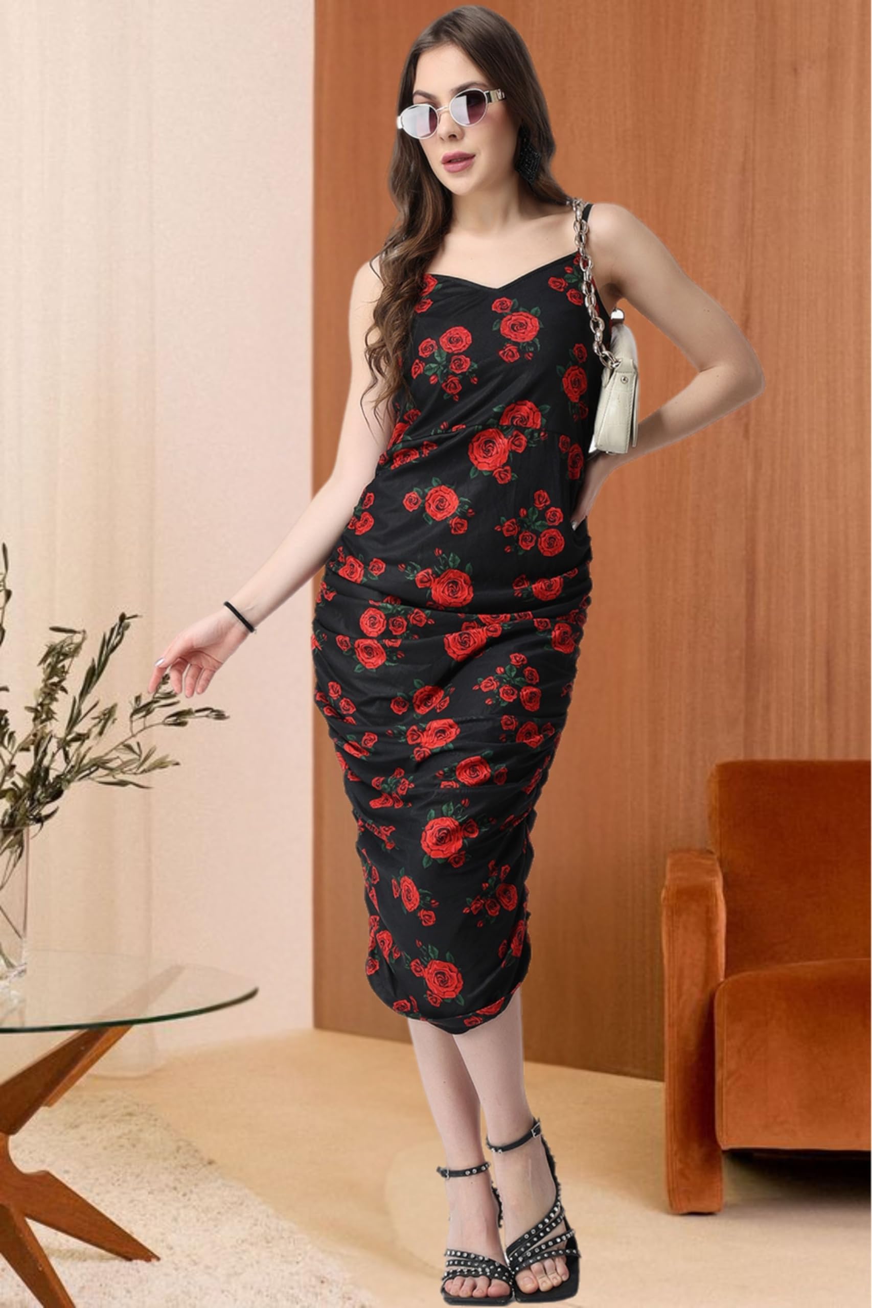 Popwings Polyester Bodycon Midi Women Dress (B0Bn7S78Z6_Black