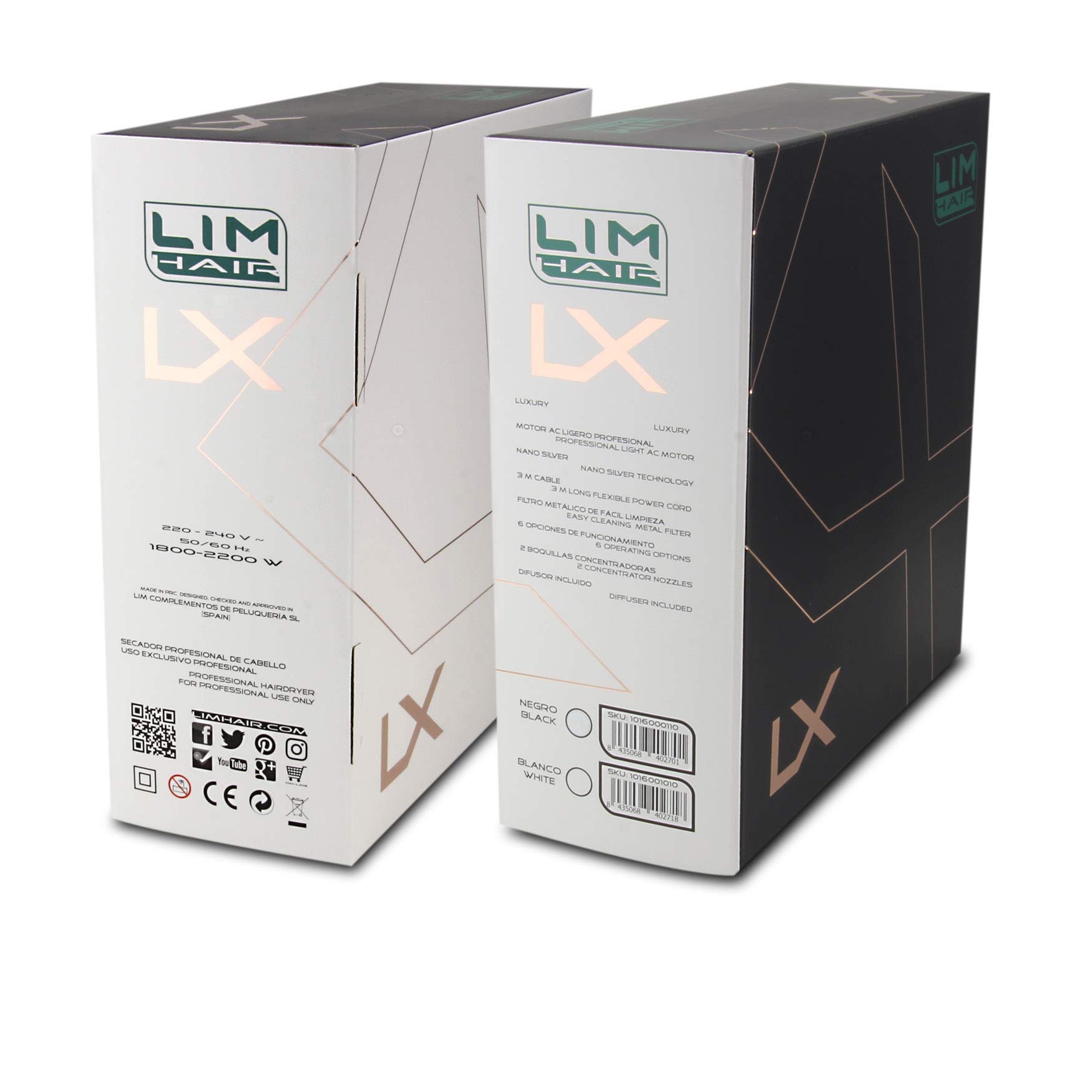 Secador de cabello LIM HAIR LX. LUXURY, NanoSILVER, 2200 W, PROFESIONAL, vida Extra larga,ligero. 2 boquillas y difusor (NEGRO)