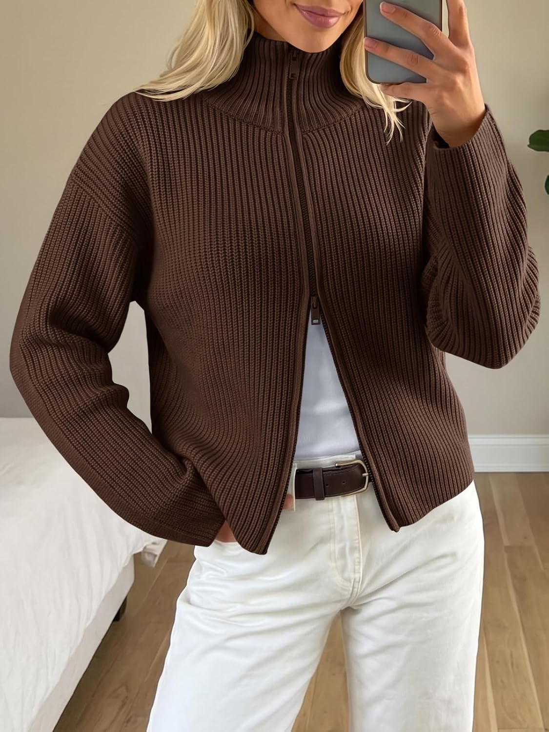 Womens Zip Up Chunky Cardigan Ribbed Knit Mock Neck Sweater Jacket