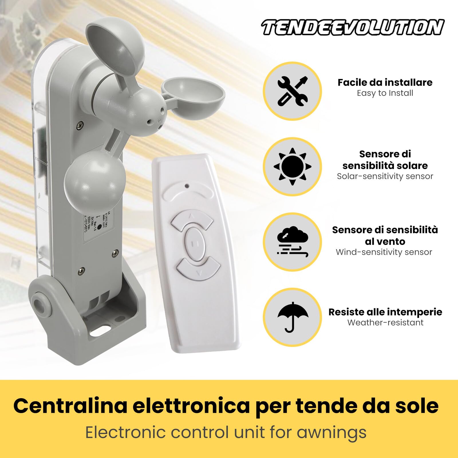 TENDEEVOLUTION Centralina per Tende da Sole con Telecomando e Sensore Pioggia Vento. Centralina Tenda con Anemometro per azionamento automatico motore (Sensore Vento)
