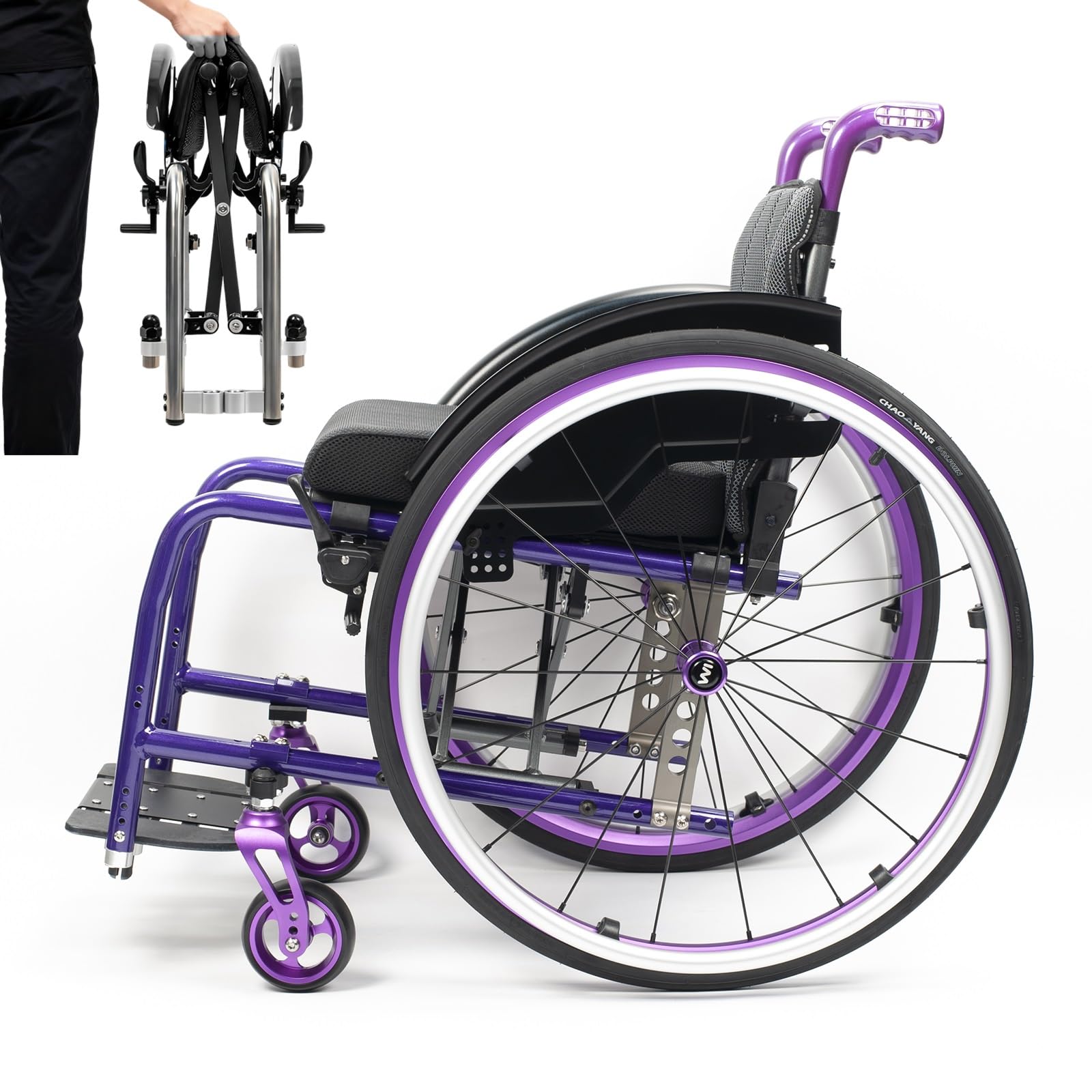 Sedia a rotelle Sportiva, in Lega di Alluminio Leggera con Freni a Mano, Ruote Posteriori a sgancio rapido, Design Pieghevole ergonomico per Il Trasporto.
