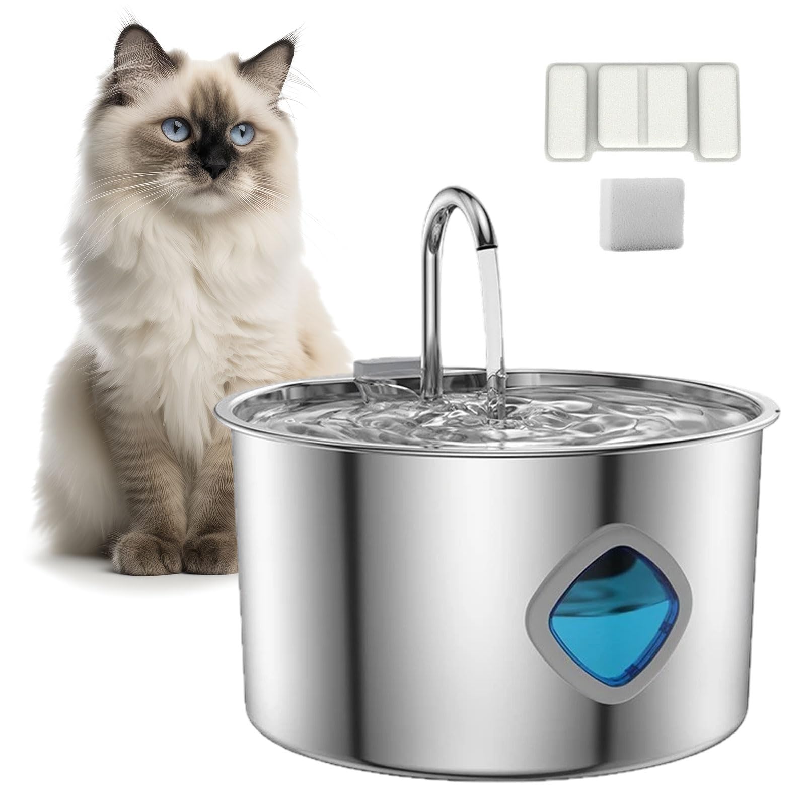 Cat Vitalis Fuente De Agua para Gatos, Fuente De Agua Gatos, 3.2L Acero Inoxidable, Automática Y Silenciosa De Gran (1PC Filtro de algodón)