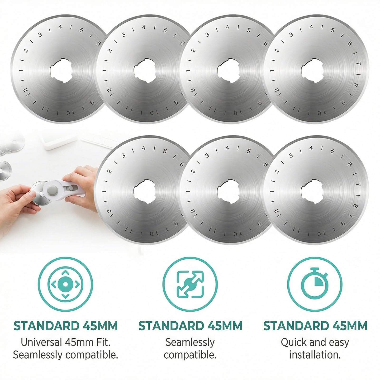 UPEOXT 10 Pack 45mm Rotary Cutter Blades, SKS-7 Steel Replacement Refills for Quilting Sewing Crafts, Sharp Rolling Razor Blade Compatible with Olfa Fiskars 45mm Cutters, with Storage Case - 4