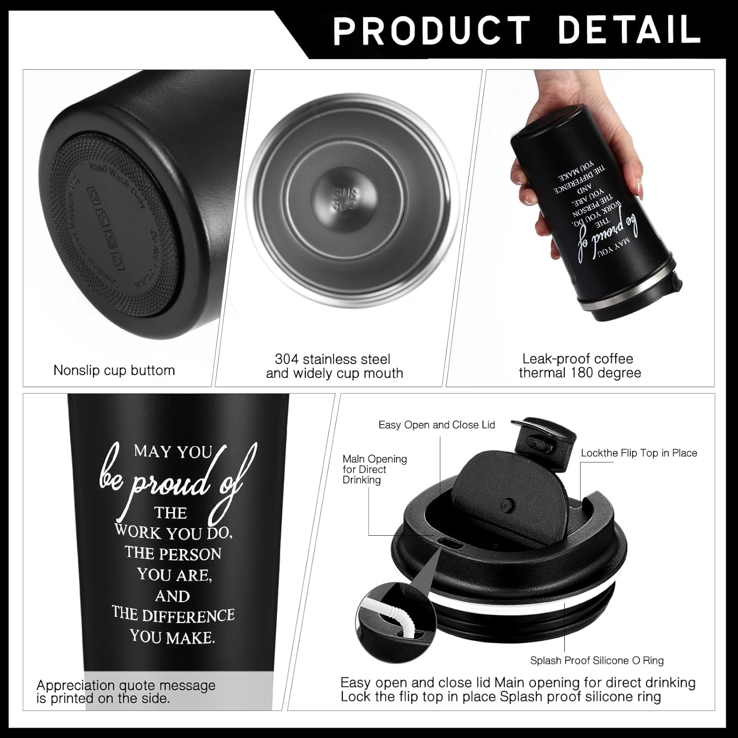 Set of 4 Employee Appreciation Gifts for Men Coworker Teacher 17oz Black Stainless Steel Coffee Tumbler with Lid Leather Journal Keychain Pen Thank You Gift for Staff Social Worker Male Nurse - Image 4