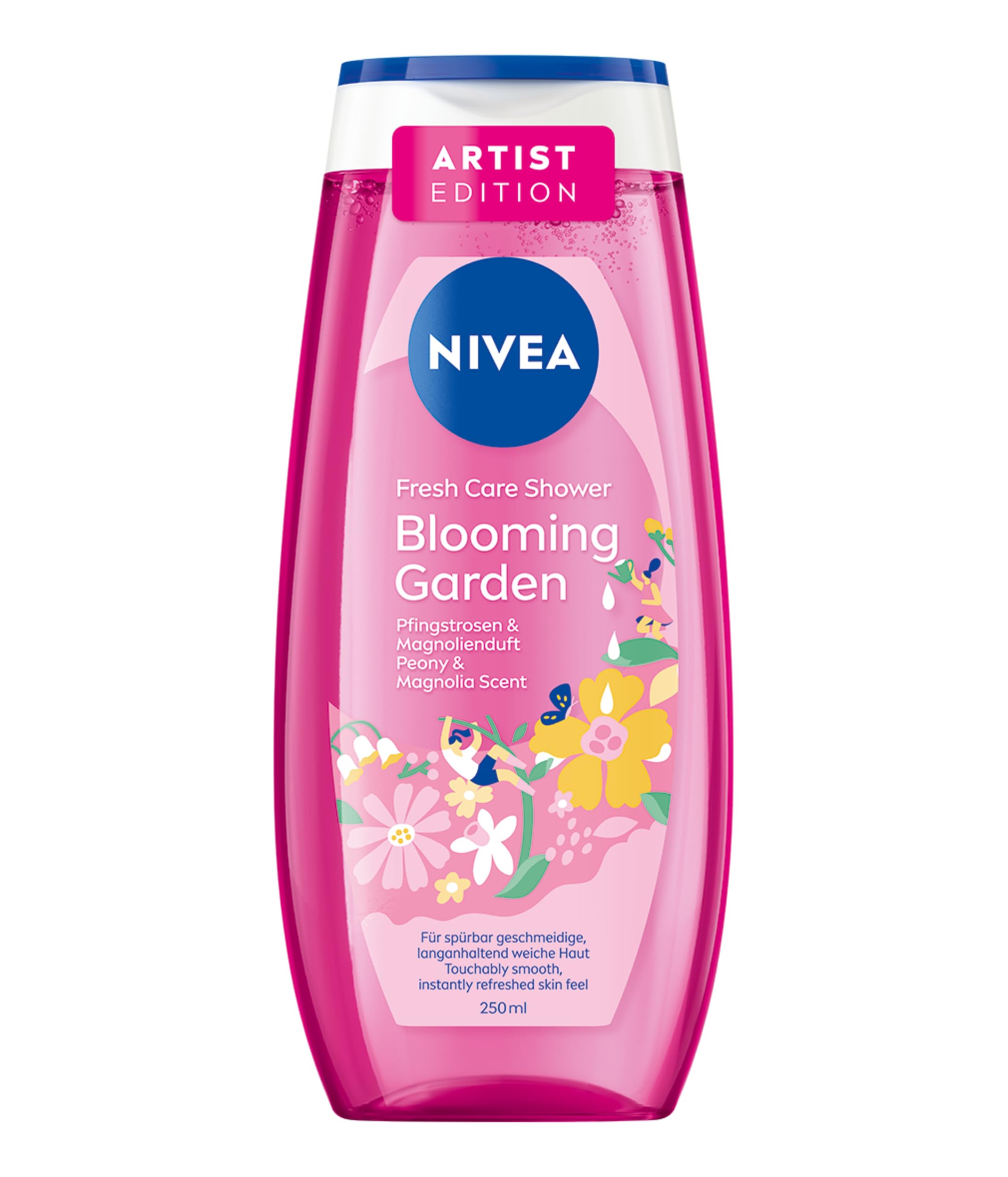 NIVEA Blooming Garden Artist Edition Duschgel, pH-hautneutrale Pflegedusche mit Vitamin C & E, Duschbad mit dem Duft von Pfingstrosen und Magnolien (250 ml)
