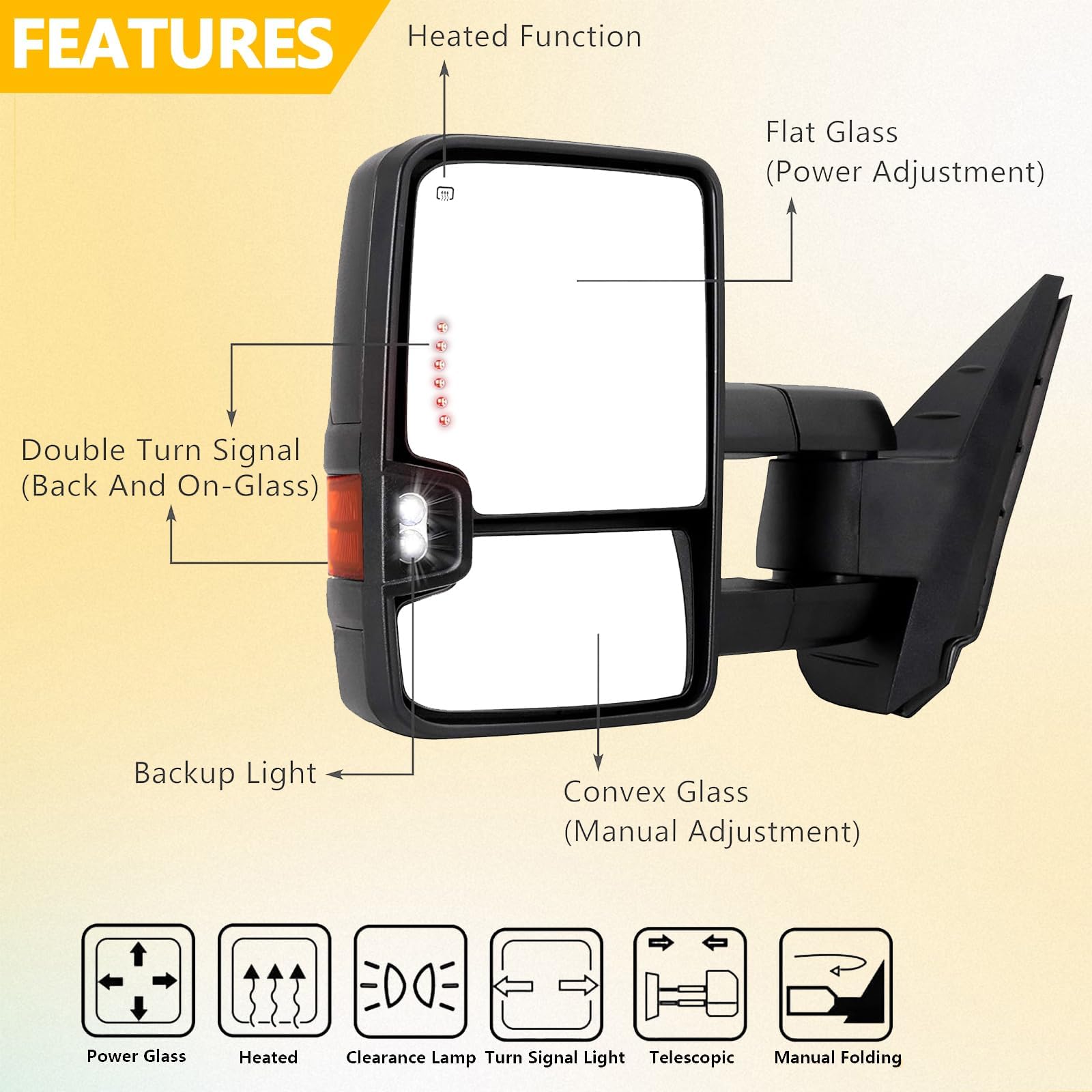 Perfit Zone Towing Mirrors for 1999-2002 Chevy Silverado Tahoe GMC Sierra Yukon XL 1500 2500 HD 3500 Power Heated Amber Turn Signal Clearance Lamp Black Pair Set Replacement LH RH Driver Passenger