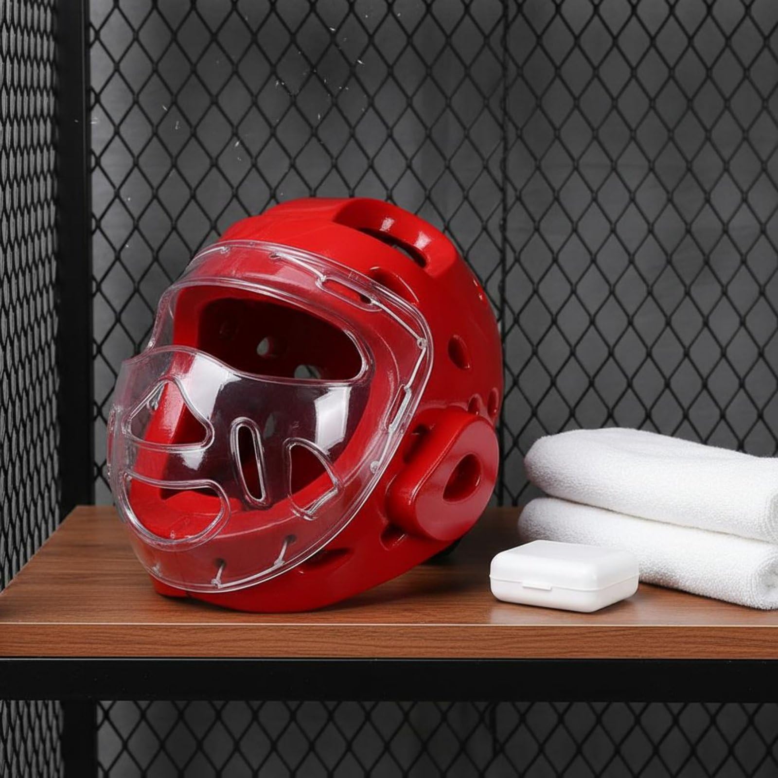 Gralara Casco Taekwondo con Maschera Integrale Paravisiera Trasparente Imbottitura Antiurto Mentoniera Elastica Stabilità Sicura Adatto per Allenamento Sparring Arti Marziali