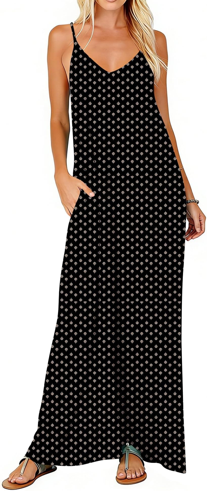 Poetsky Womens Casual Strappy V Neck Sleeveless Flowy Pockets Loose Long Maxi Beach Dress Sundress