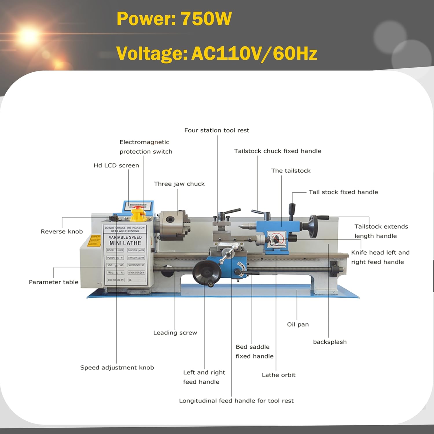 Metal Bench Lathe Benchtop 7"*14" Metric Mini Metal Lathe Variable Speed 0-2250rmp for Woodworking Metalworking Teaching and Production 110V 750W
